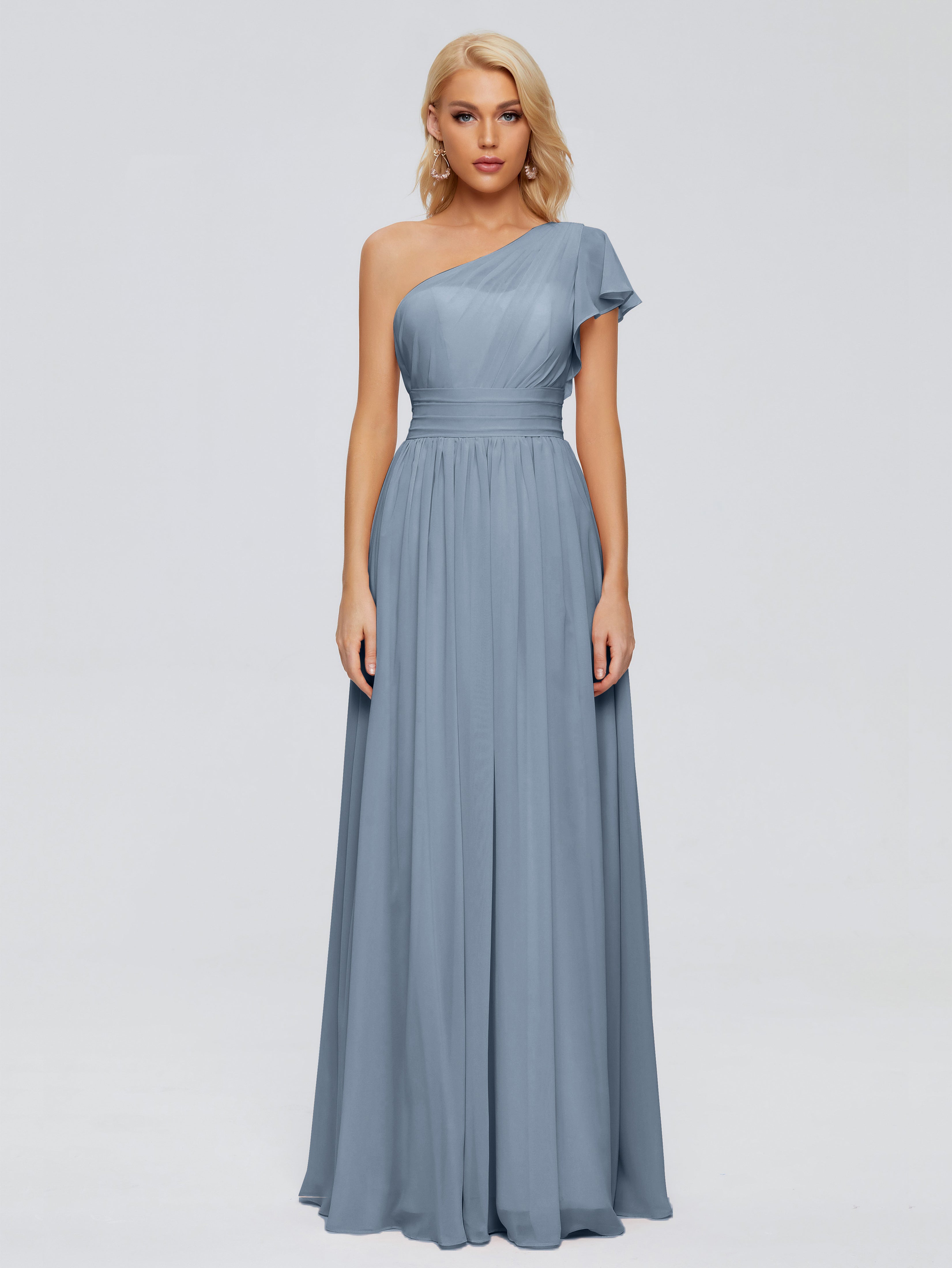 Robes De Demoiselle D'Honneur Bleu Poudre Trapèze Seule-Épaule Mousseline Robes Demoiselle D'Honneur