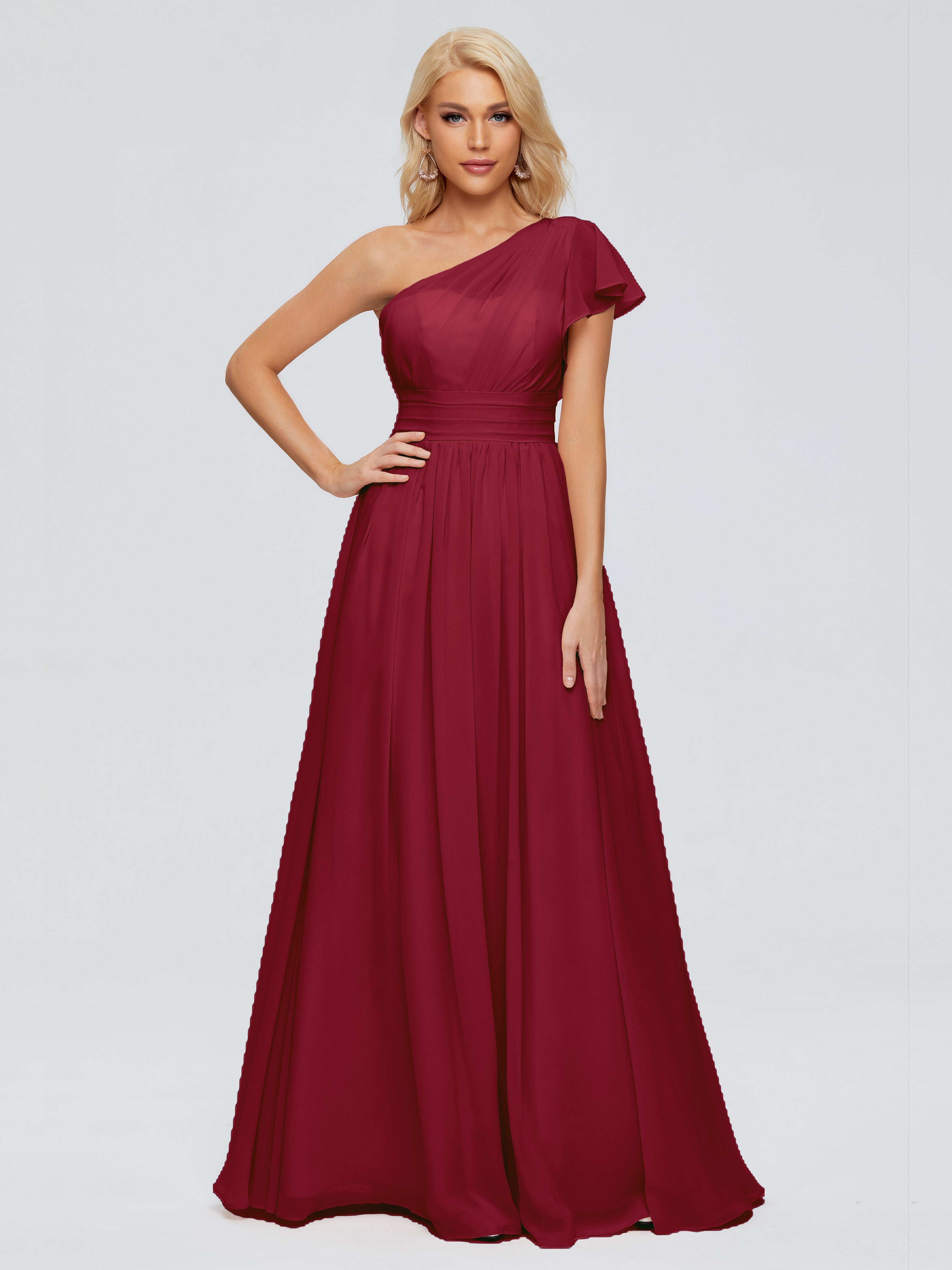 Robes De Demoiselle D'Honneur Bordeaux Trapèze Seule-Épaule Mousseline Robes Demoiselle D'Honneur