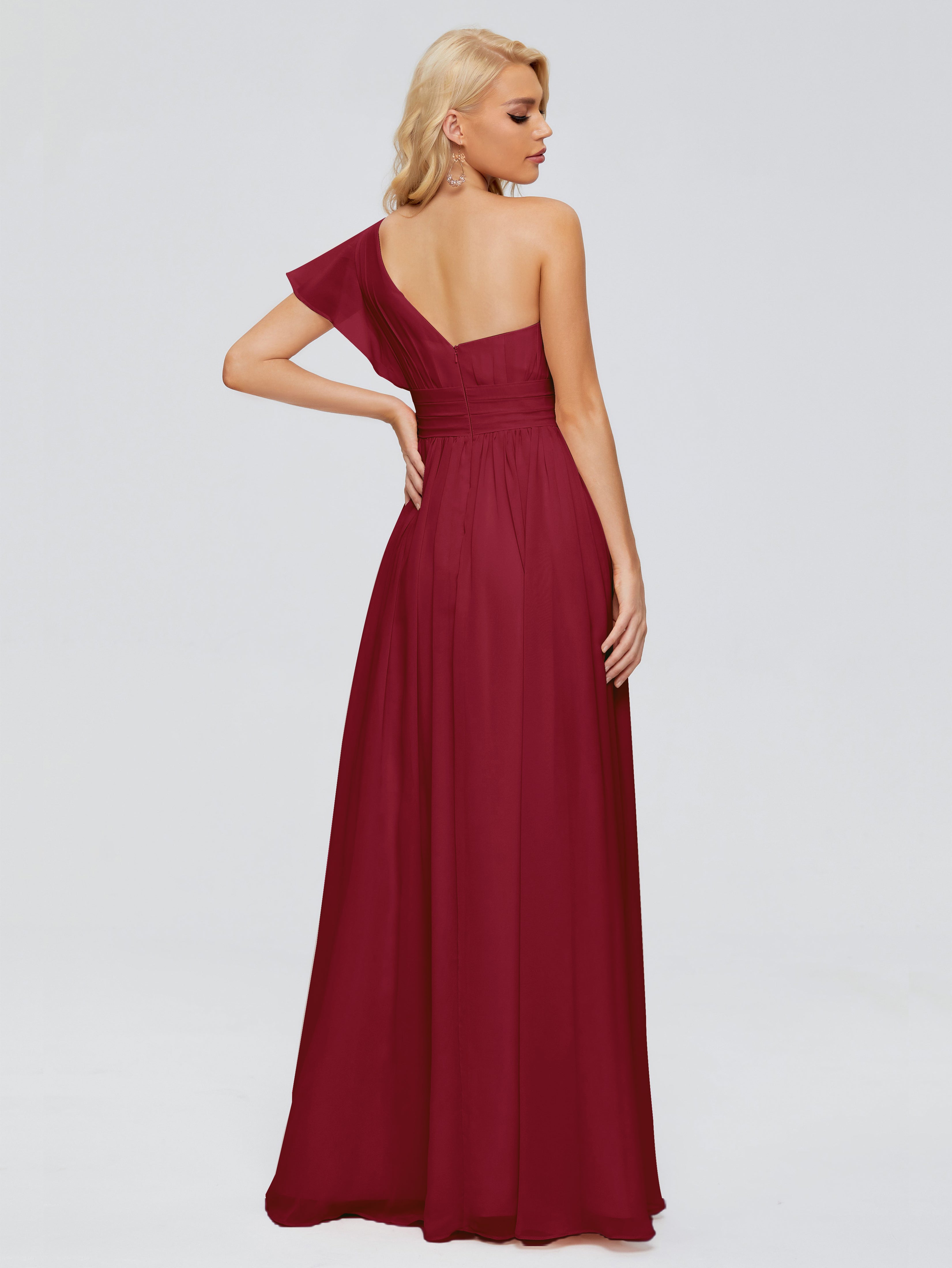 Robes De Demoiselle D'Honneur Bordeaux Trapèze Seule-Épaule Mousseline Robes Demoiselle D'Honneur