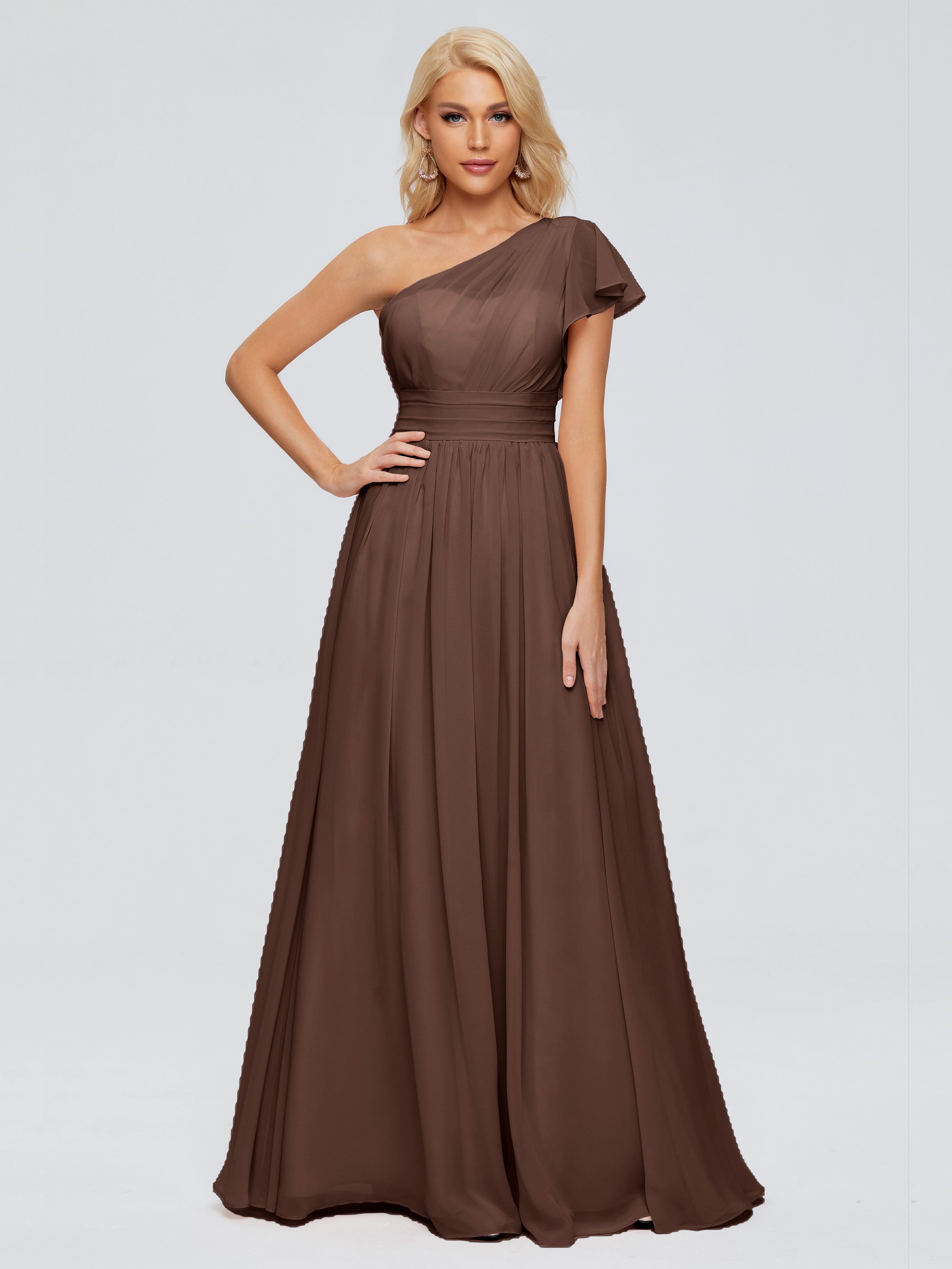 Robe Marron Chocolat Demoiselle D Honneur Trapèze Seule-Épaule Mousseline Robes Demoiselle D'Honneur