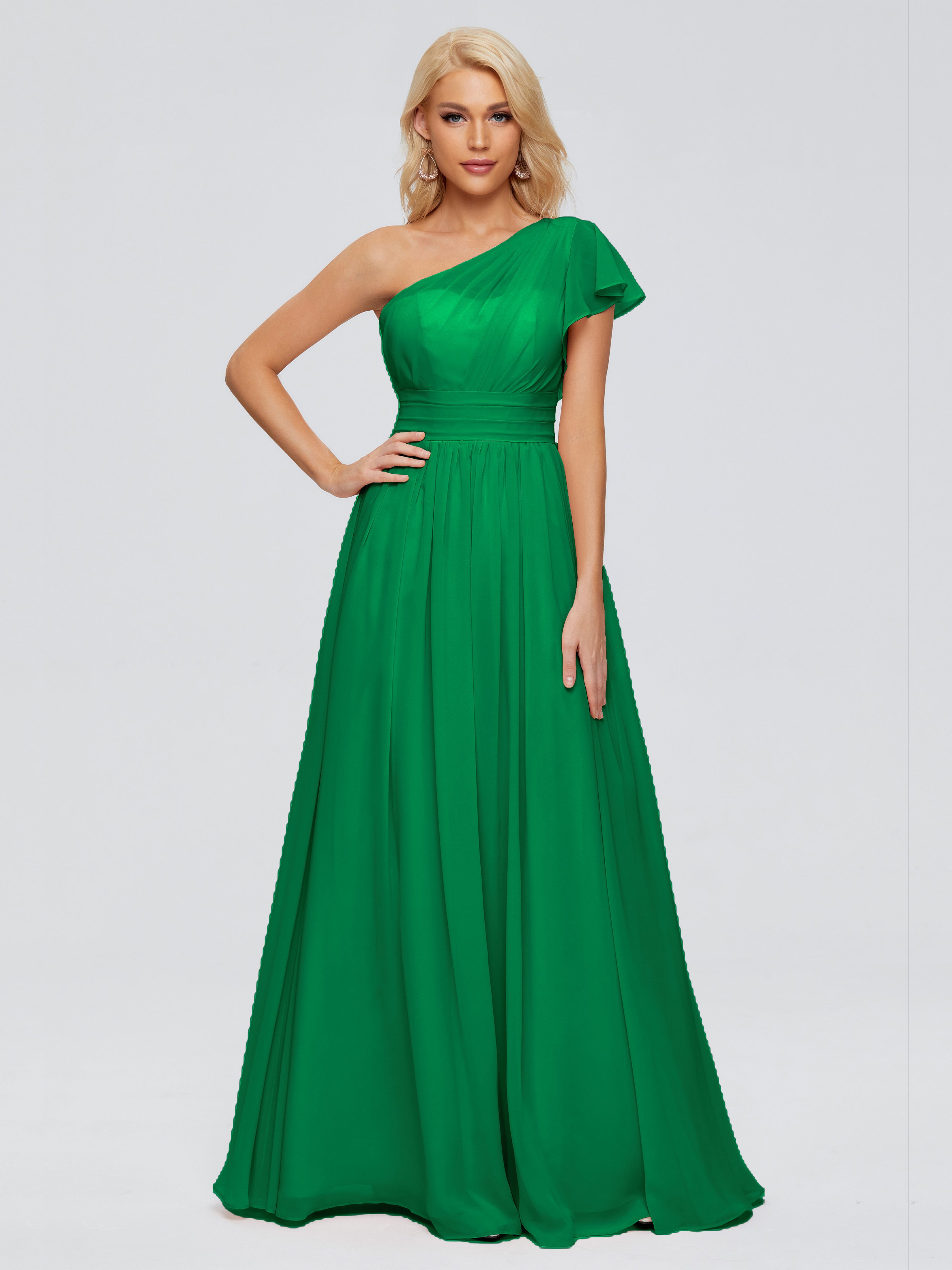 Demoiselle D'Honneur Vert Émeraude Trapèze Seule-Épaule Mousseline Robes Demoiselle D'Honneur