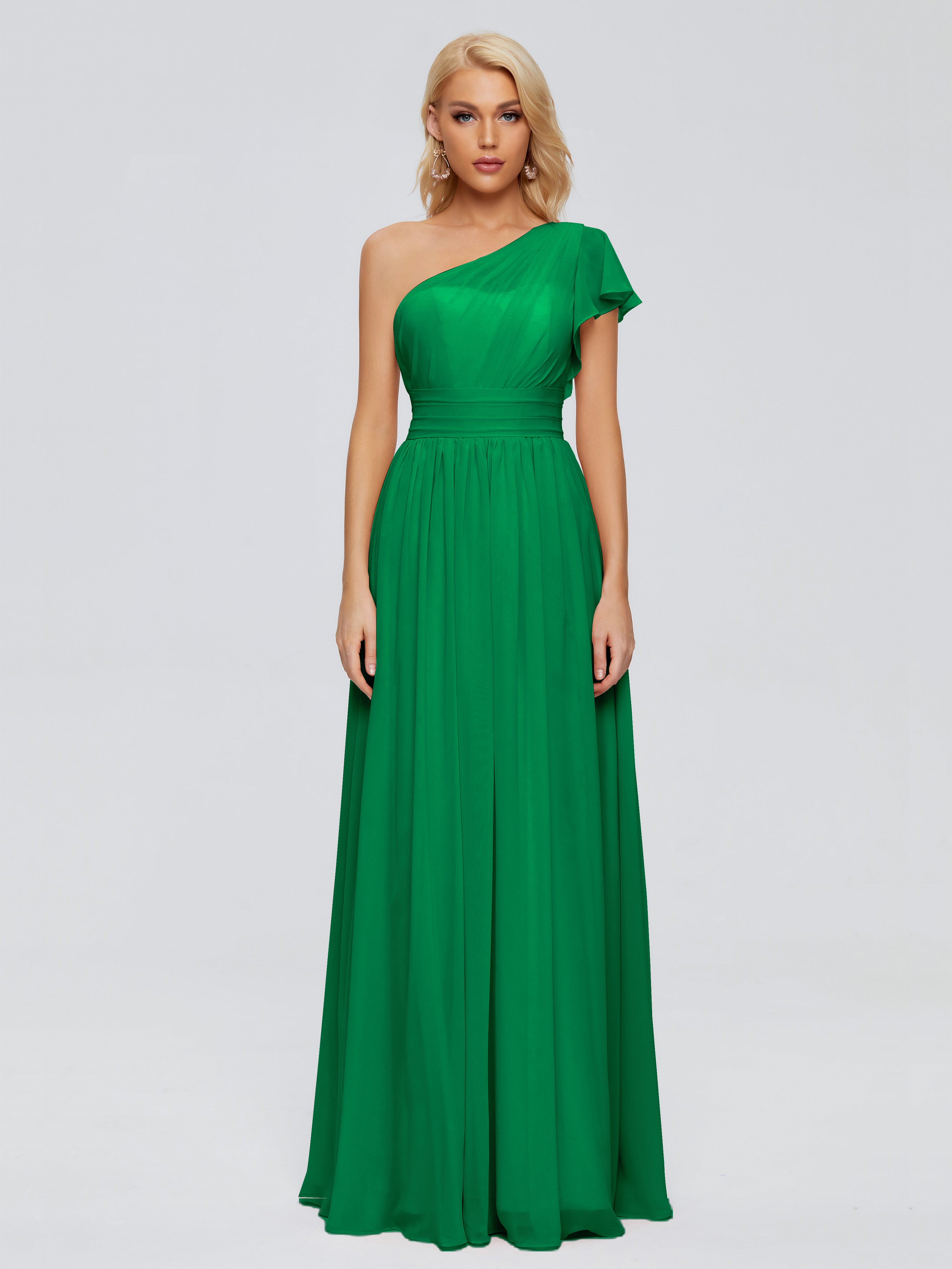 Demoiselle D'Honneur Vert Émeraude Trapèze Seule-Épaule Mousseline Robes Demoiselle D'Honneur