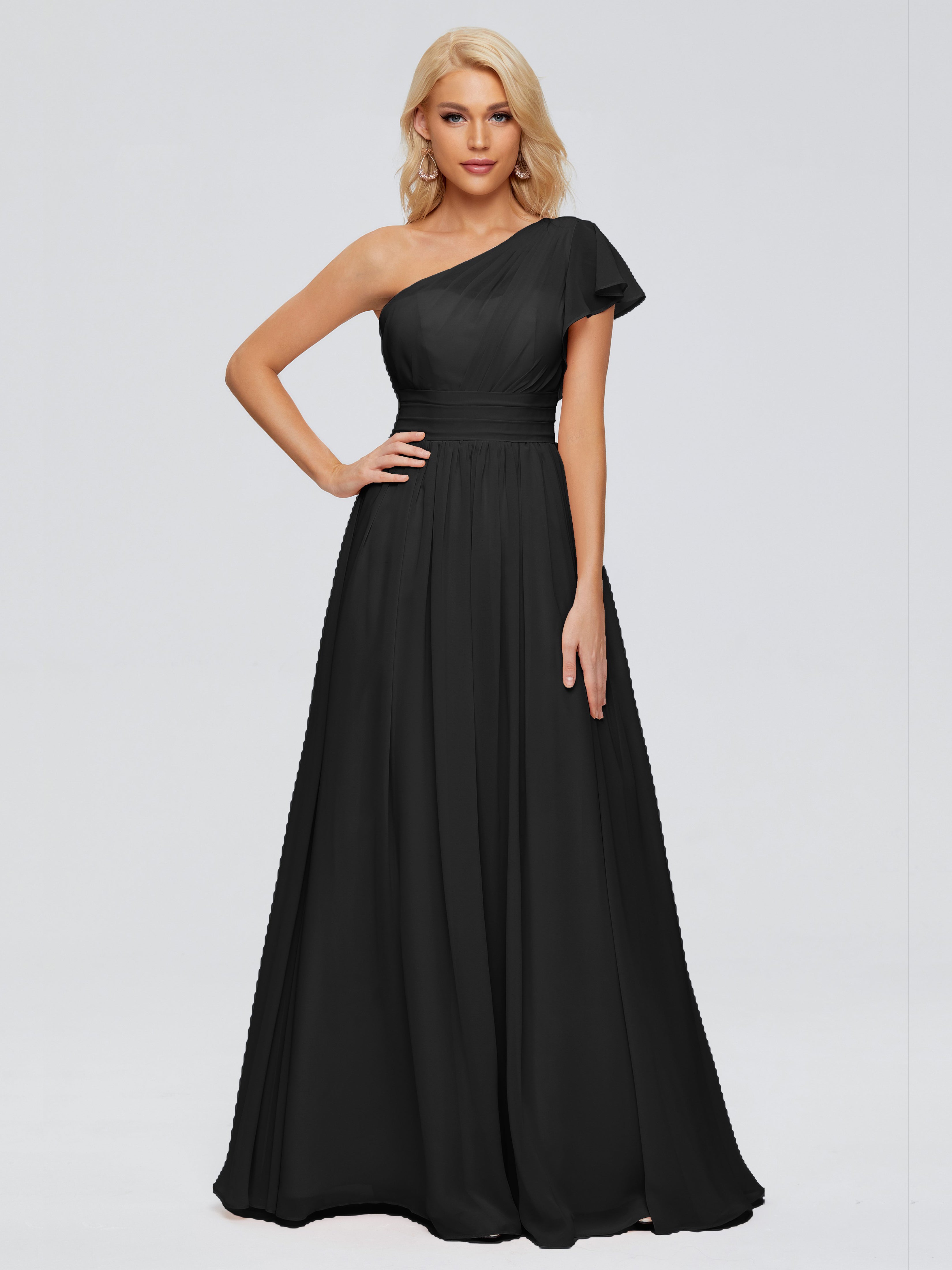 Robes De Demoiselle D'Honneur Noires Trapèze Seule-Épaule Mousseline Robes Demoiselle D'Honneur