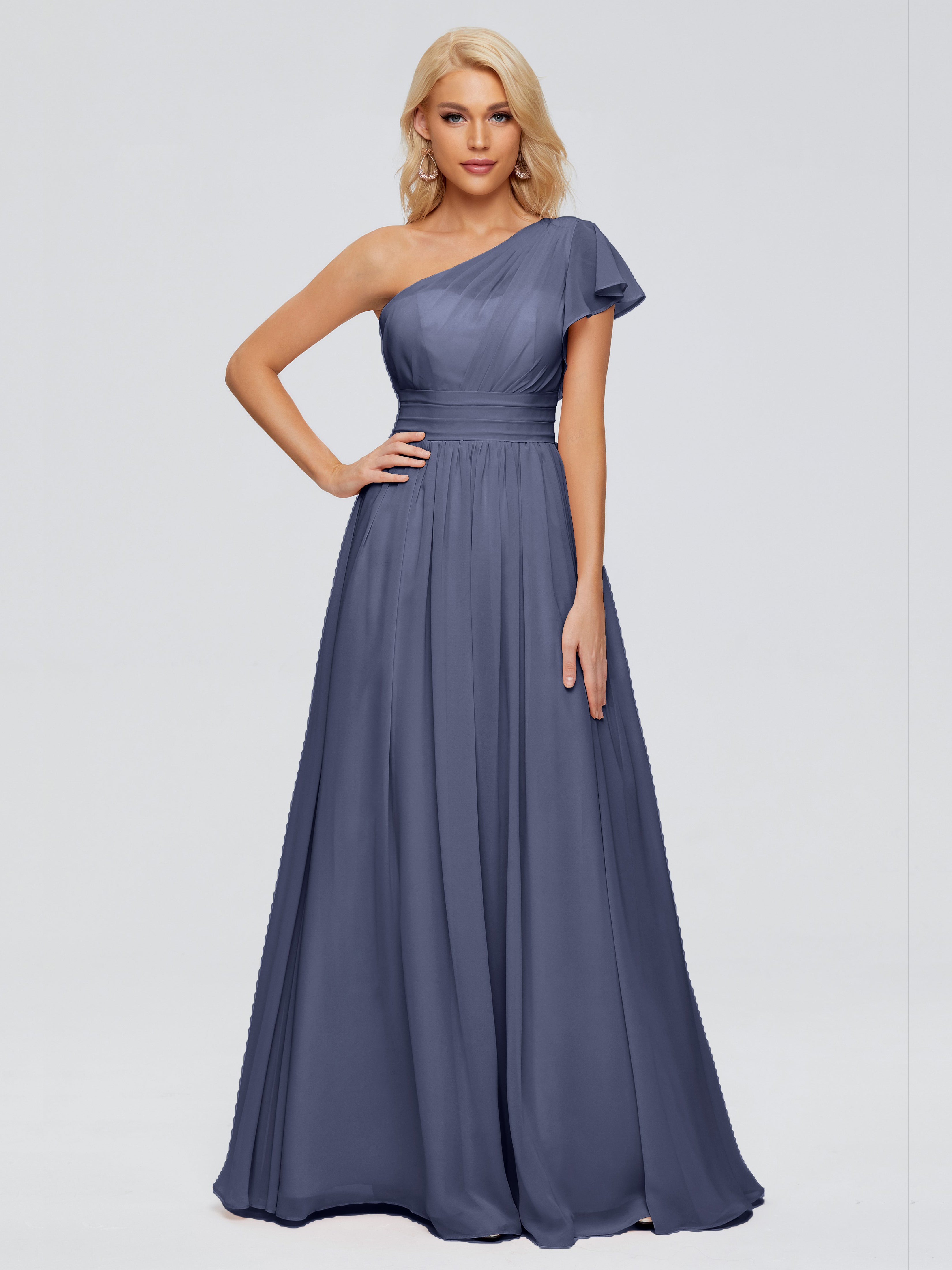 Robes De Demoiselle D'Honneur Bleu Orageux Trapèze Seule-Épaule Mousseline Robes Demoiselle D'Honneur