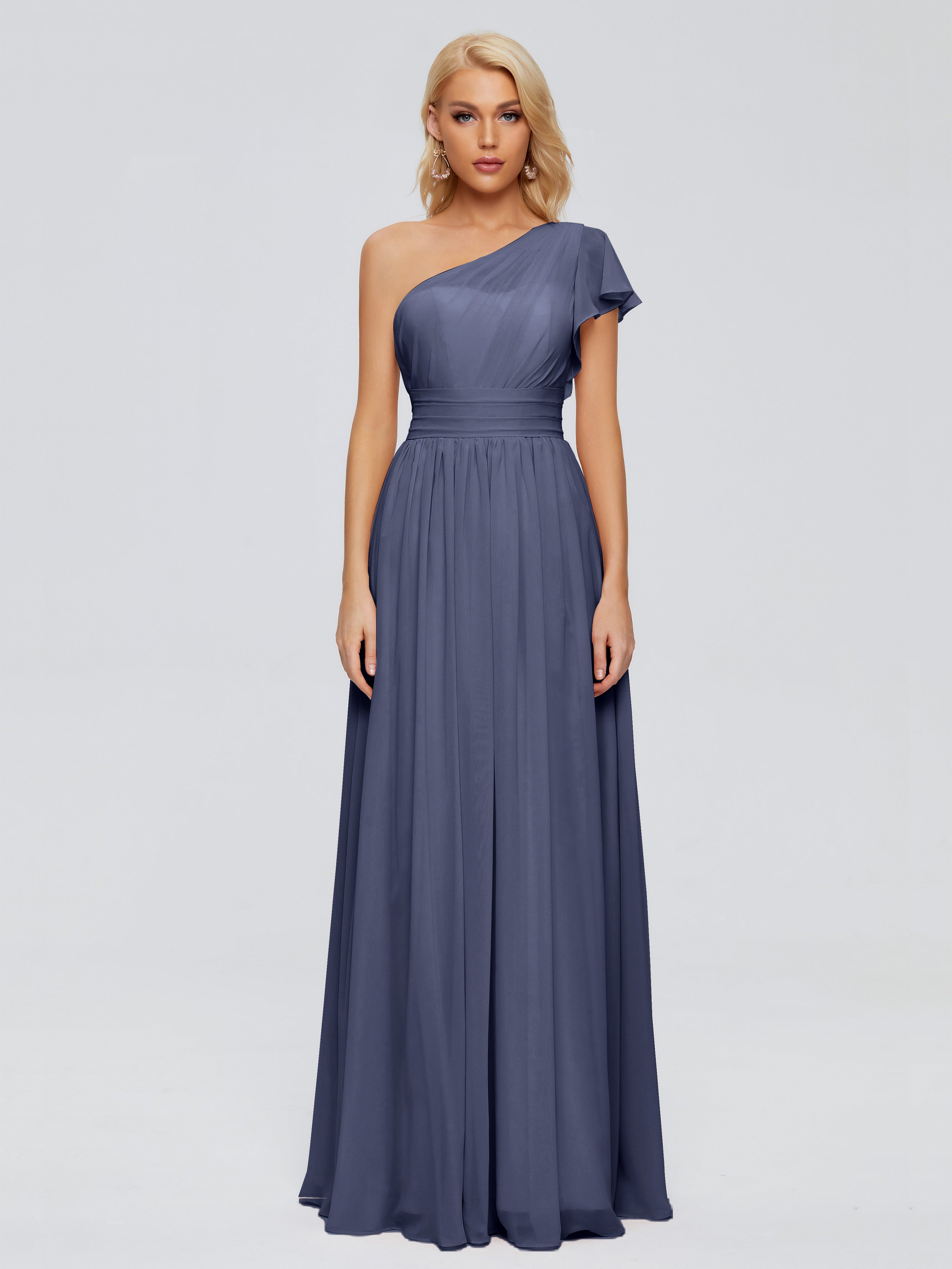 Robes De Demoiselle D'Honneur Bleu Orageux Trapèze Seule-Épaule Mousseline Robes Demoiselle D'Honneur