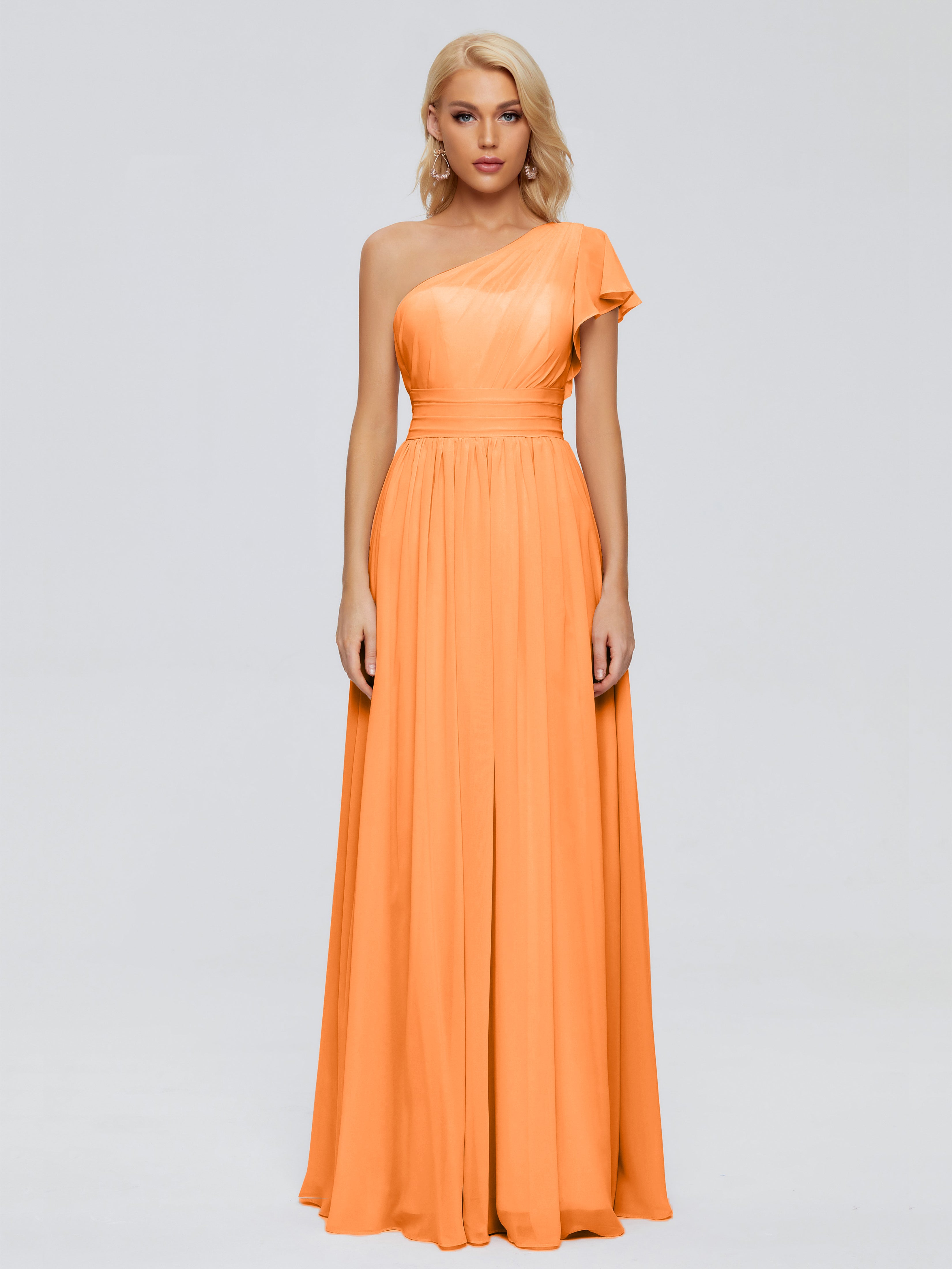 Robe De Demoiselle D Honneur Orange Trapèze Seule-Épaule Mousseline Robes Demoiselle D'Honneur