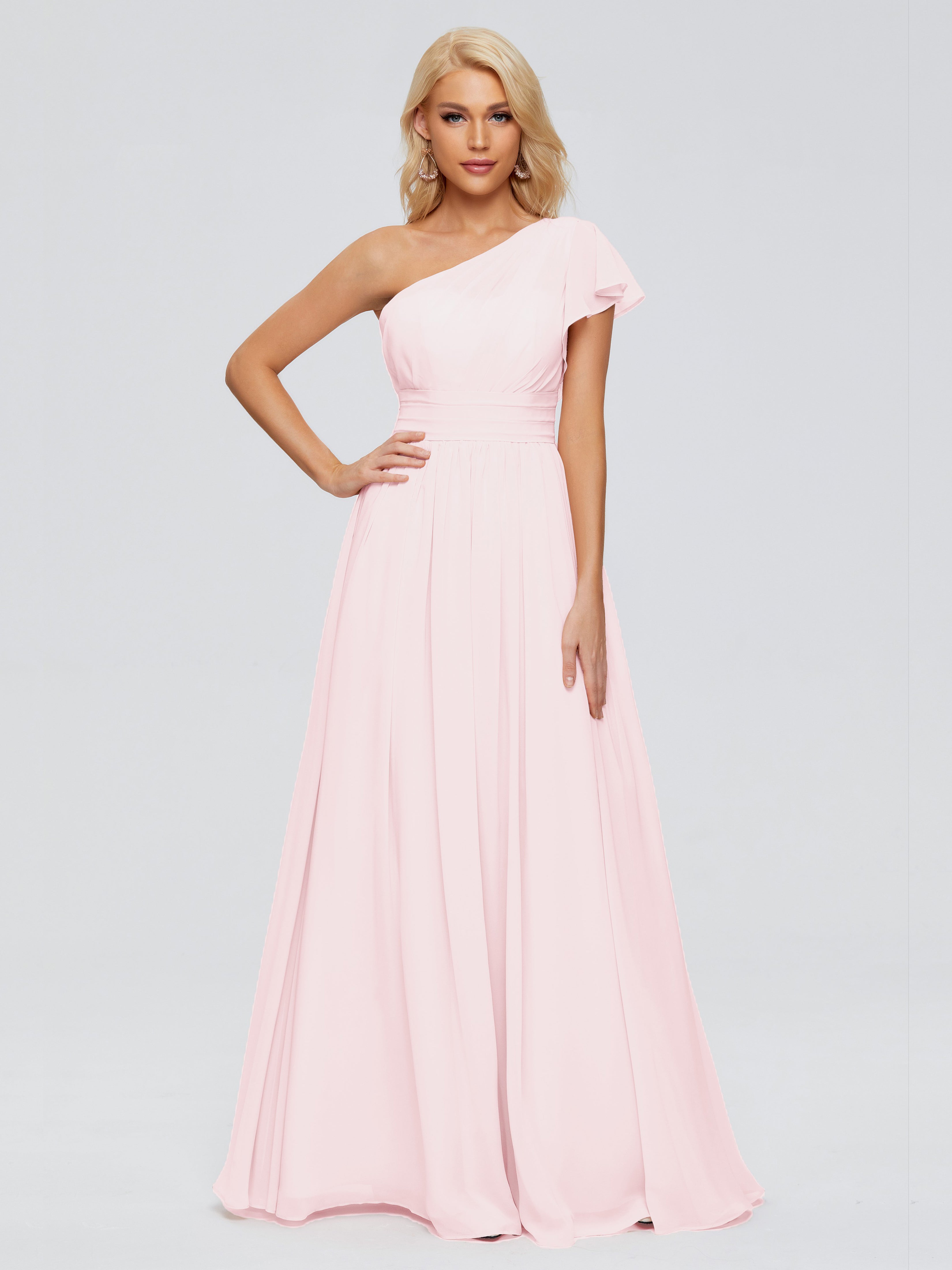 Robe Demoiselle Dhonneur Rose Pale Trapèze Seule-Épaule Mousseline Robes Demoiselle D'Honneur