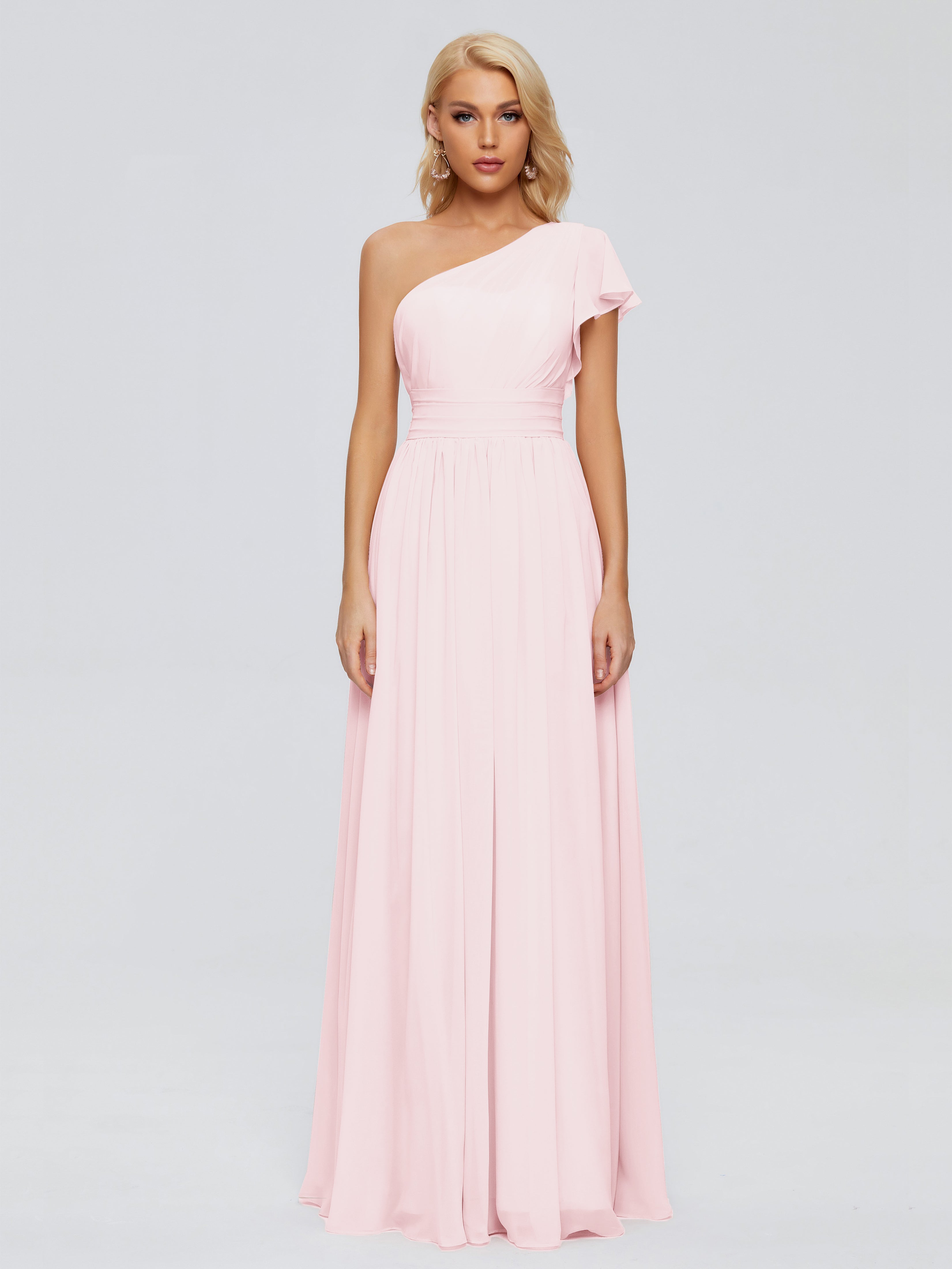 Robe Demoiselle Dhonneur Rose Pale Trapèze Seule-Épaule Mousseline Robes Demoiselle D'Honneur
