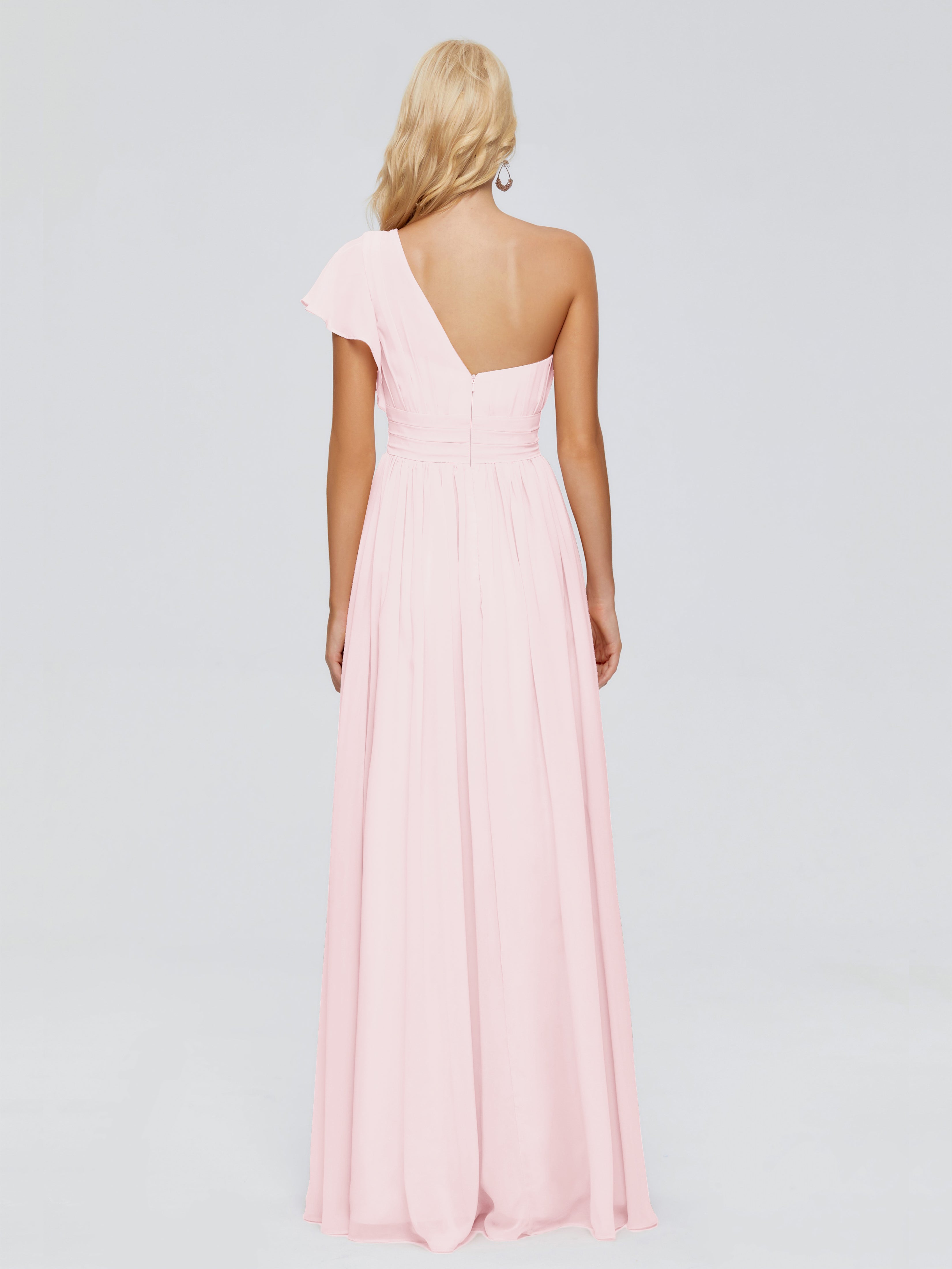 Robe Demoiselle Dhonneur Rose Pale Trapèze Seule-Épaule Mousseline Robes Demoiselle D'Honneur