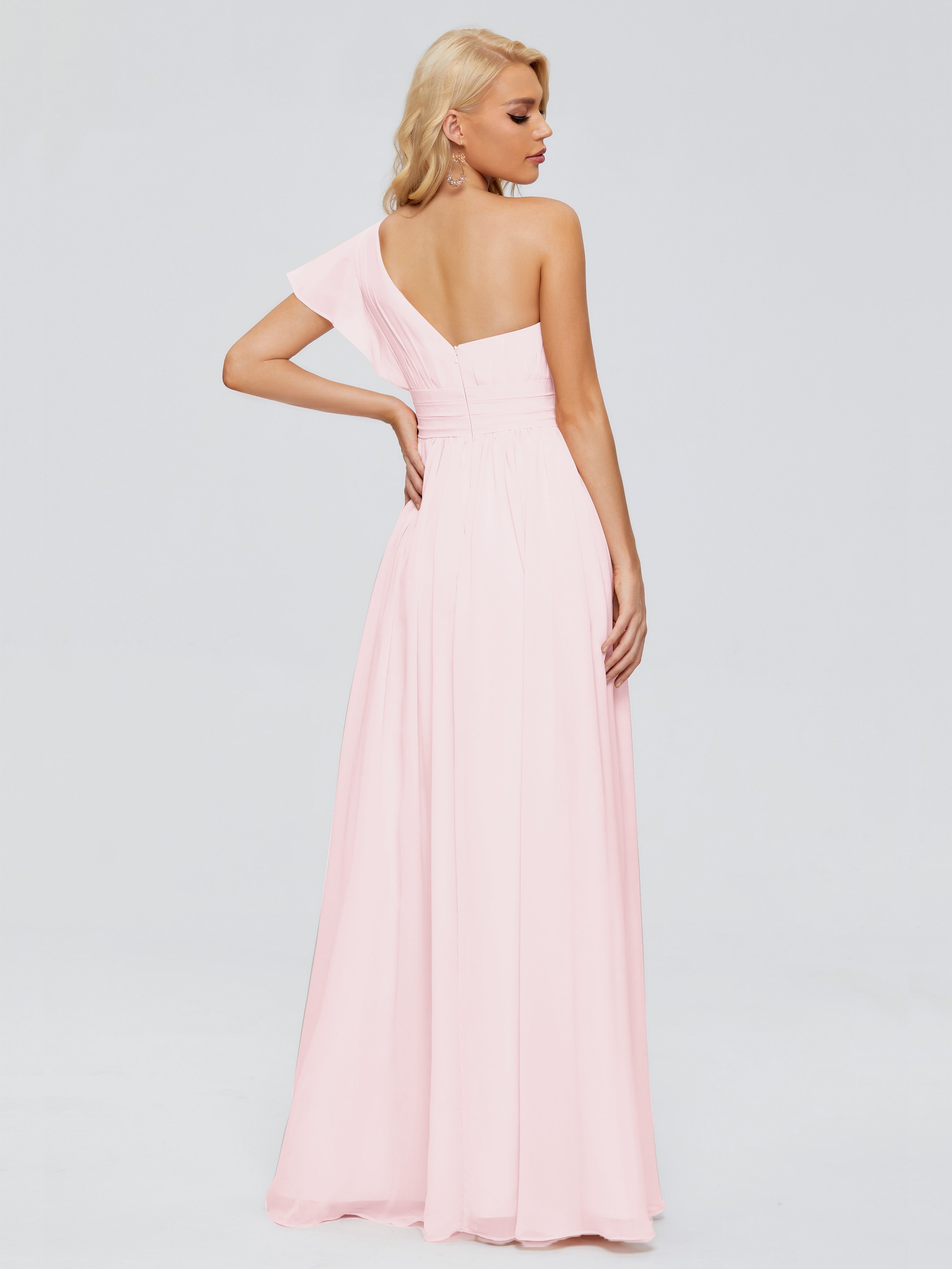 Robe Demoiselle Dhonneur Rose Pale Trapèze Seule-Épaule Mousseline Robes Demoiselle D'Honneur
