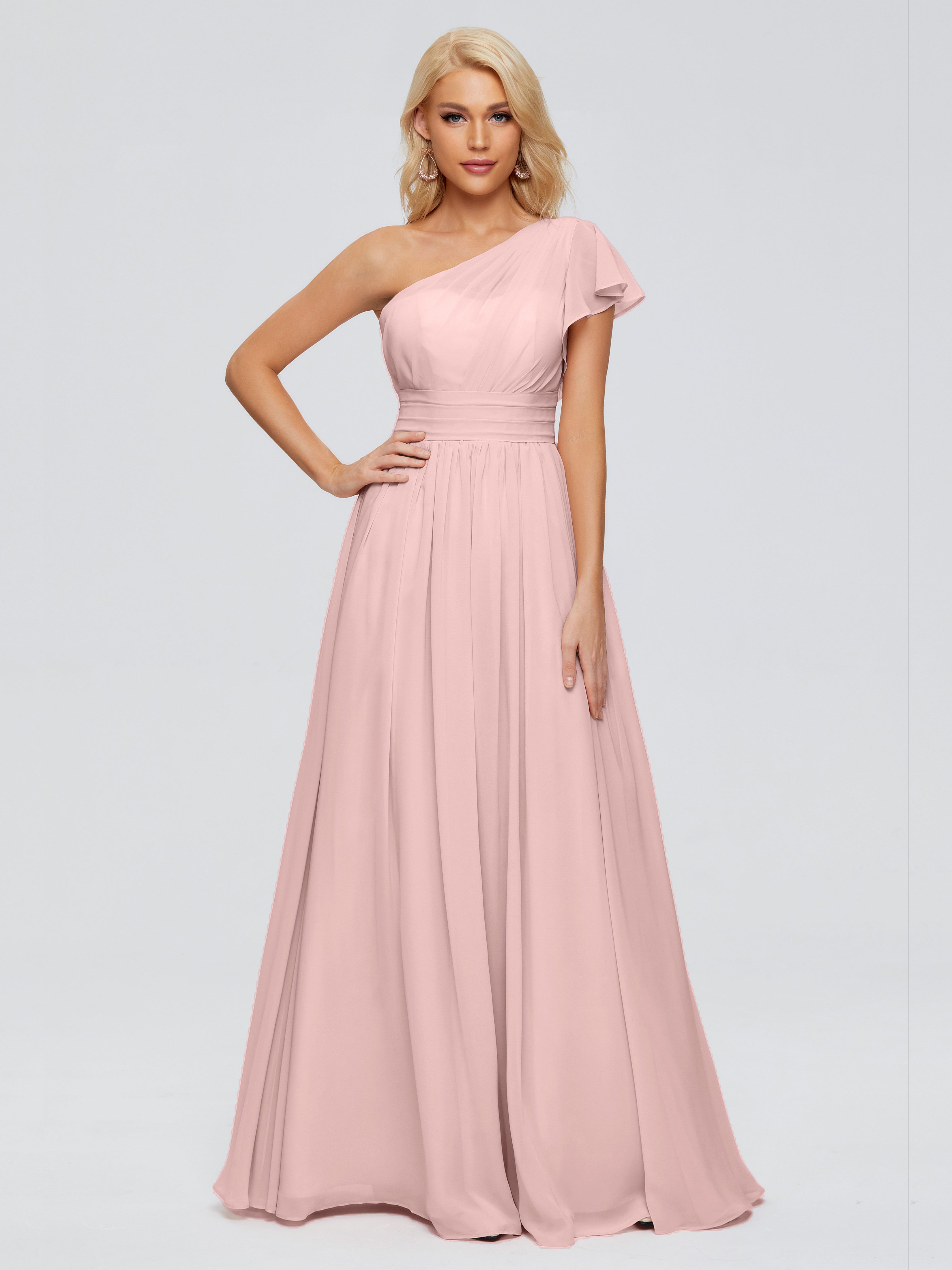 Demoiselles D'Honneur De Rose Poudrée Trapèze Seule-Épaule Mousseline Robes Demoiselle D'Honneur