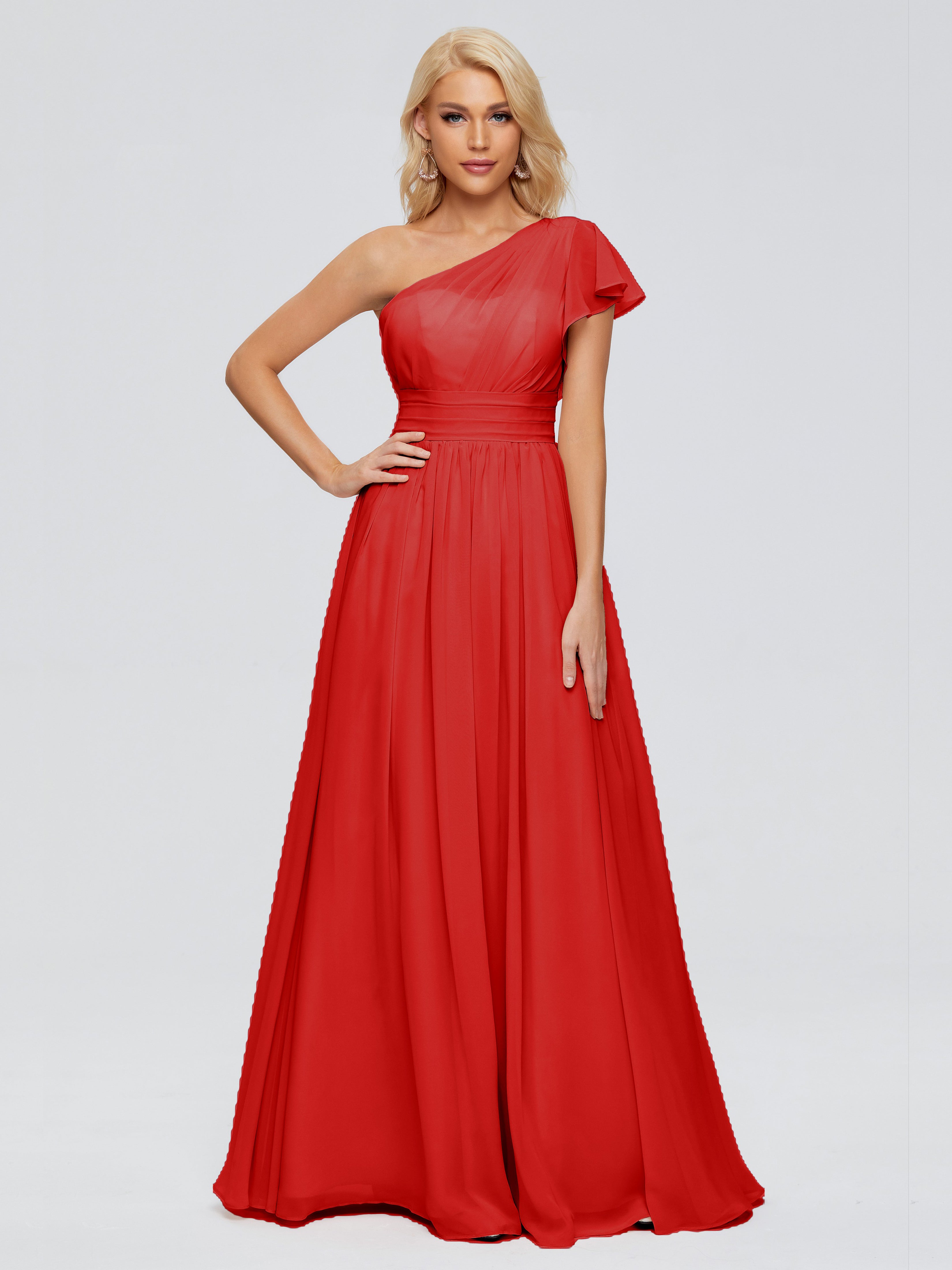 Robes De Demoiselle D'Honneur Rouges Trapèze Seule-Épaule Mousseline Robes Demoiselle D'Honneur