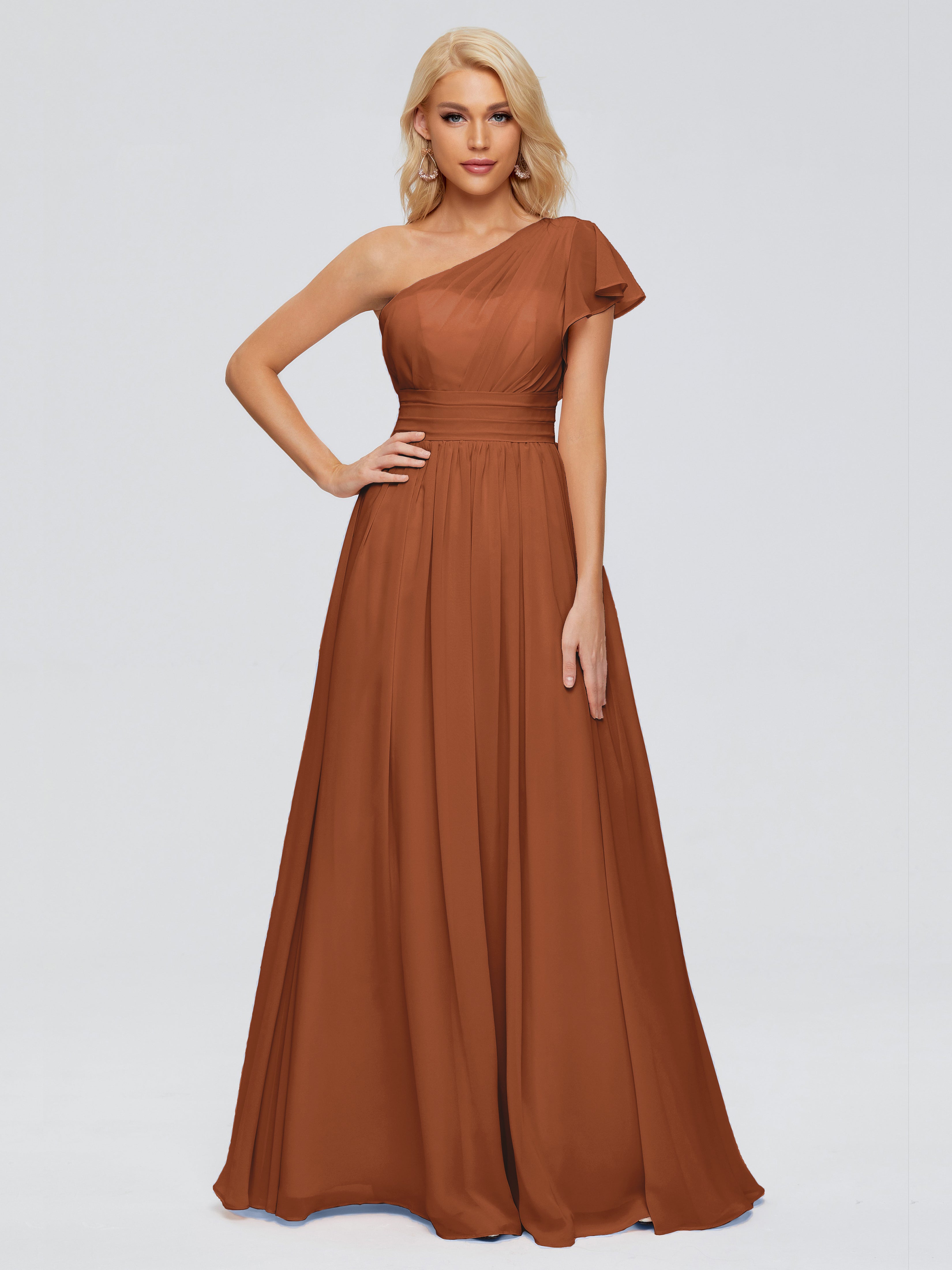Robe Terracotta Demoiselle D Honneur Trapèze Seule-Épaule Mousseline Robes Demoiselle D'Honneur