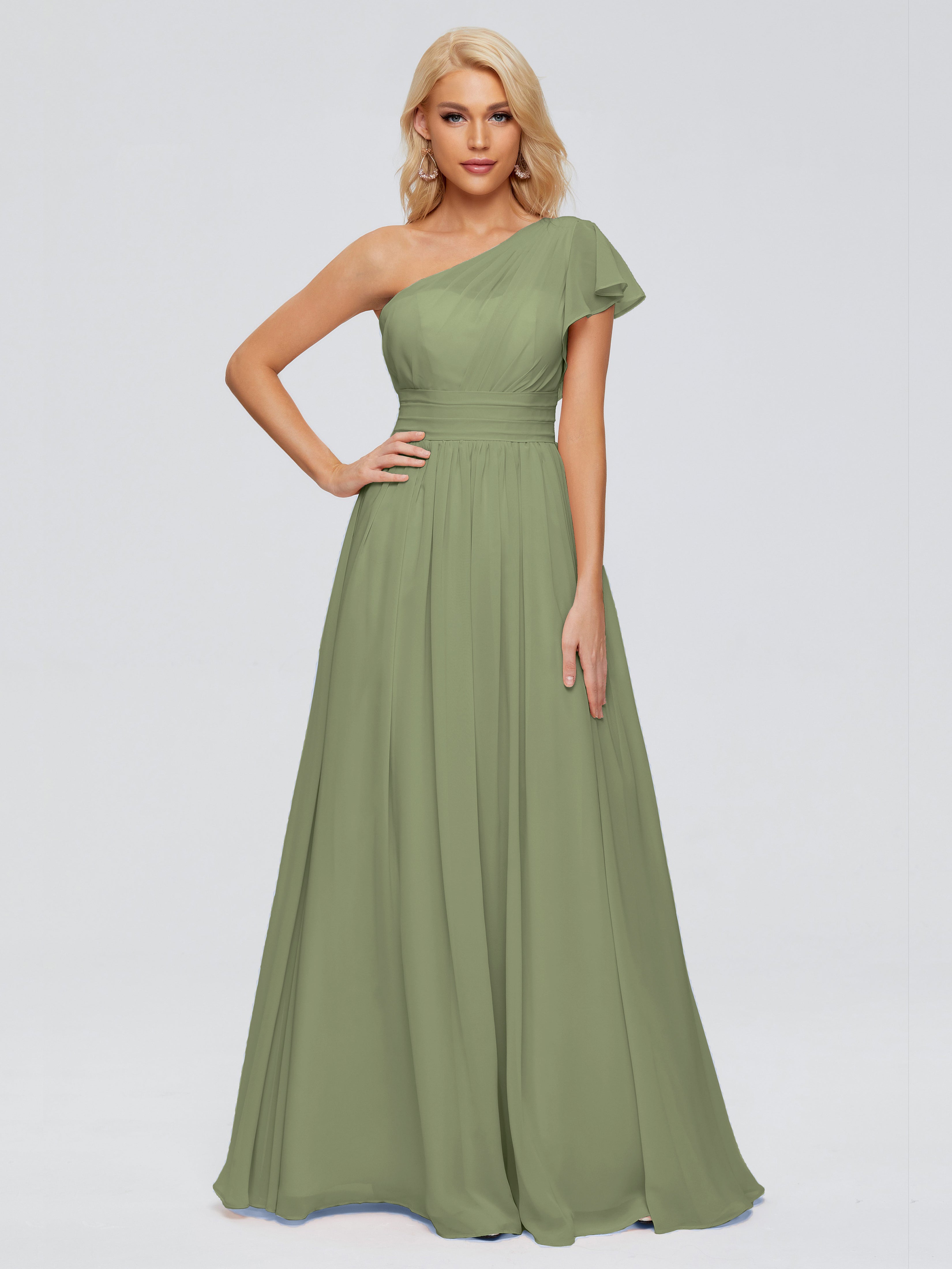 Robe Demoiselle D Honneur Vert Olive Trapèze Seule-Épaule Mousseline Robes Demoiselle D'Honneur
