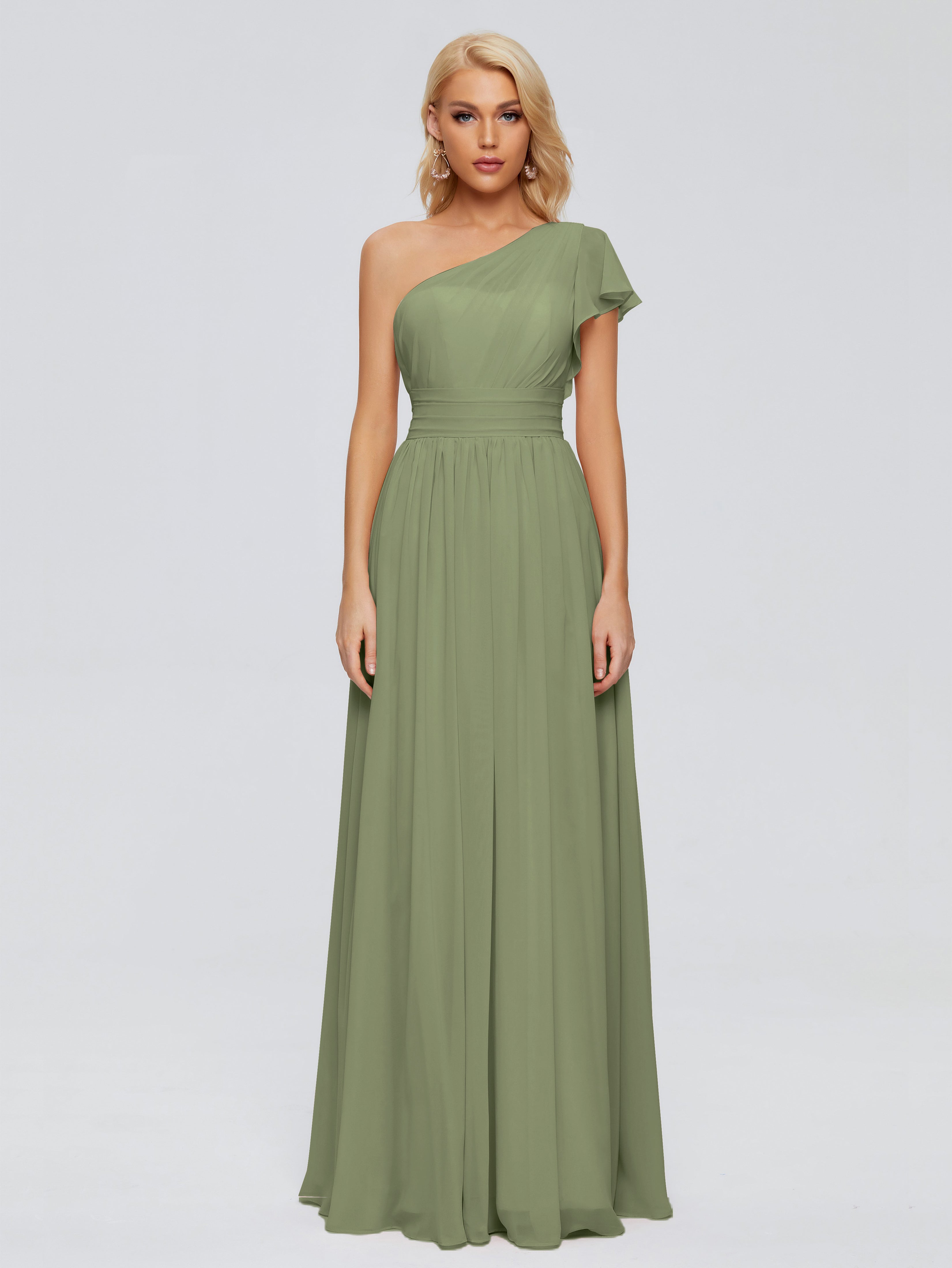 Robe Demoiselle D Honneur Vert Olive Trapèze Seule-Épaule Mousseline Robes Demoiselle D'Honneur