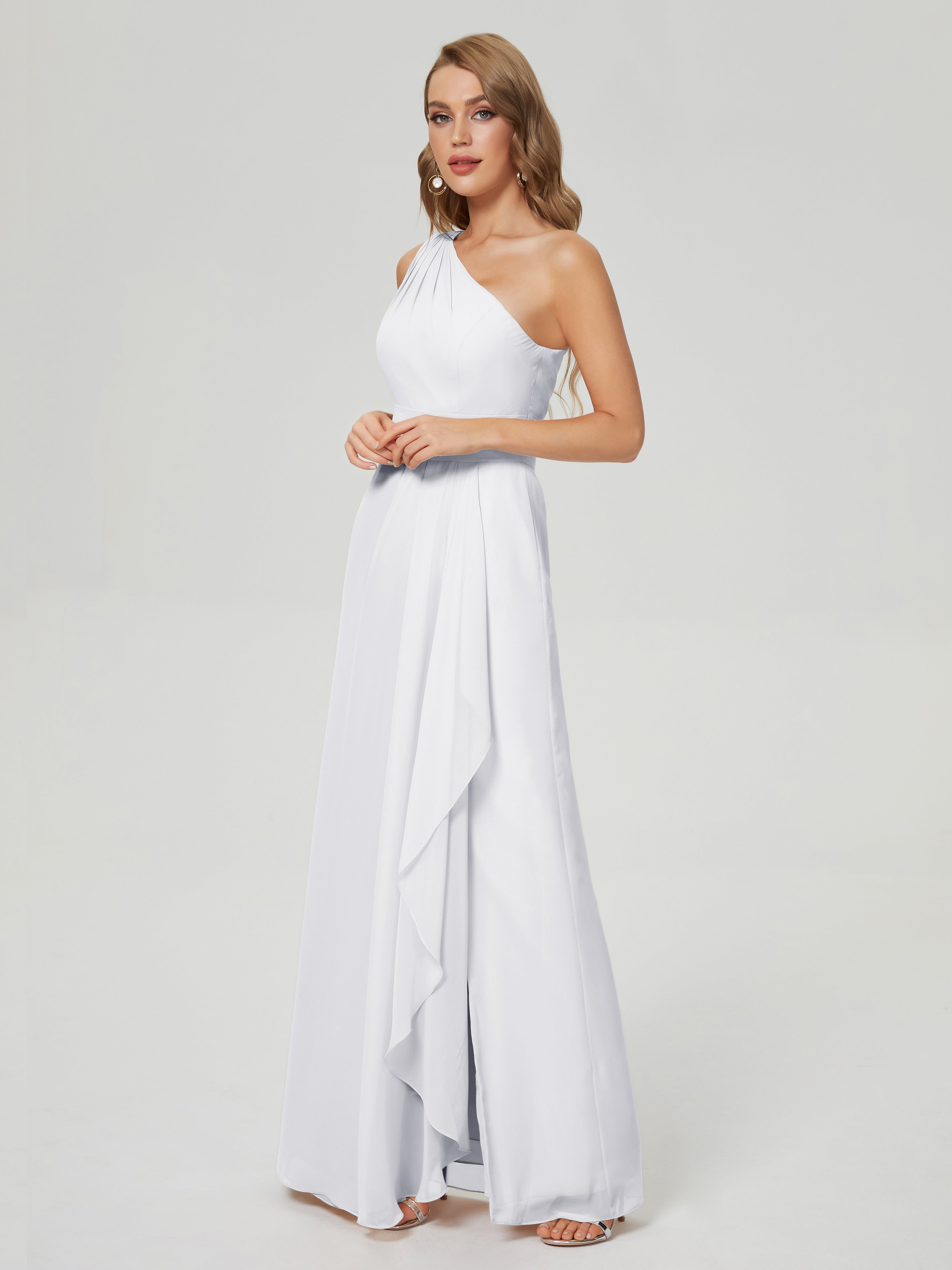 Robe De Demoiselle D Honneur Blanche Fendue Seule-Épaule Mousseline Robes Demoiselle D'Honneur À Volants