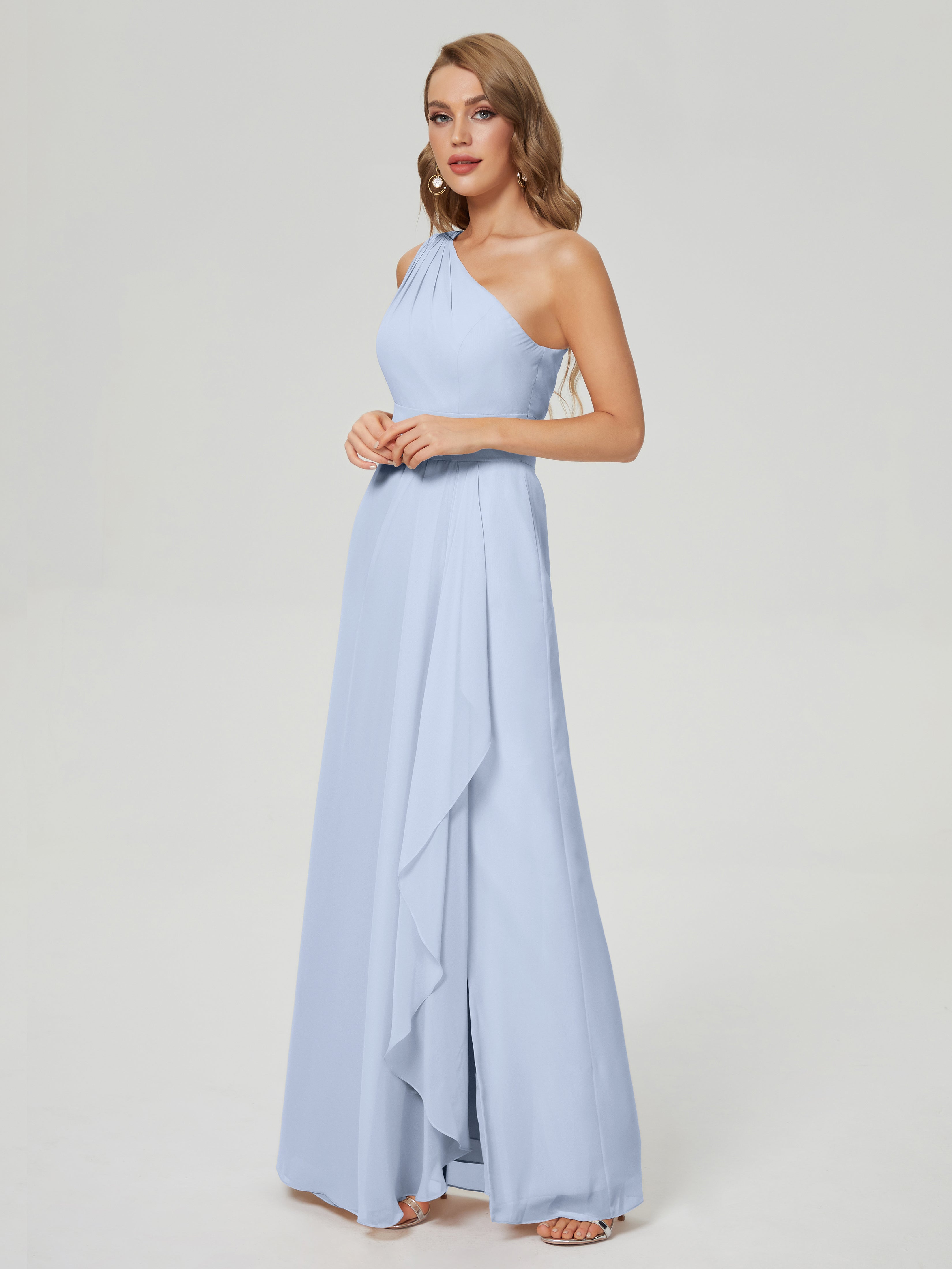 Robe De Demoiselle D Honneur Bleu Ciel Fendue Seule-Épaule Mousseline Robes Demoiselle D'Honneur À Volants
