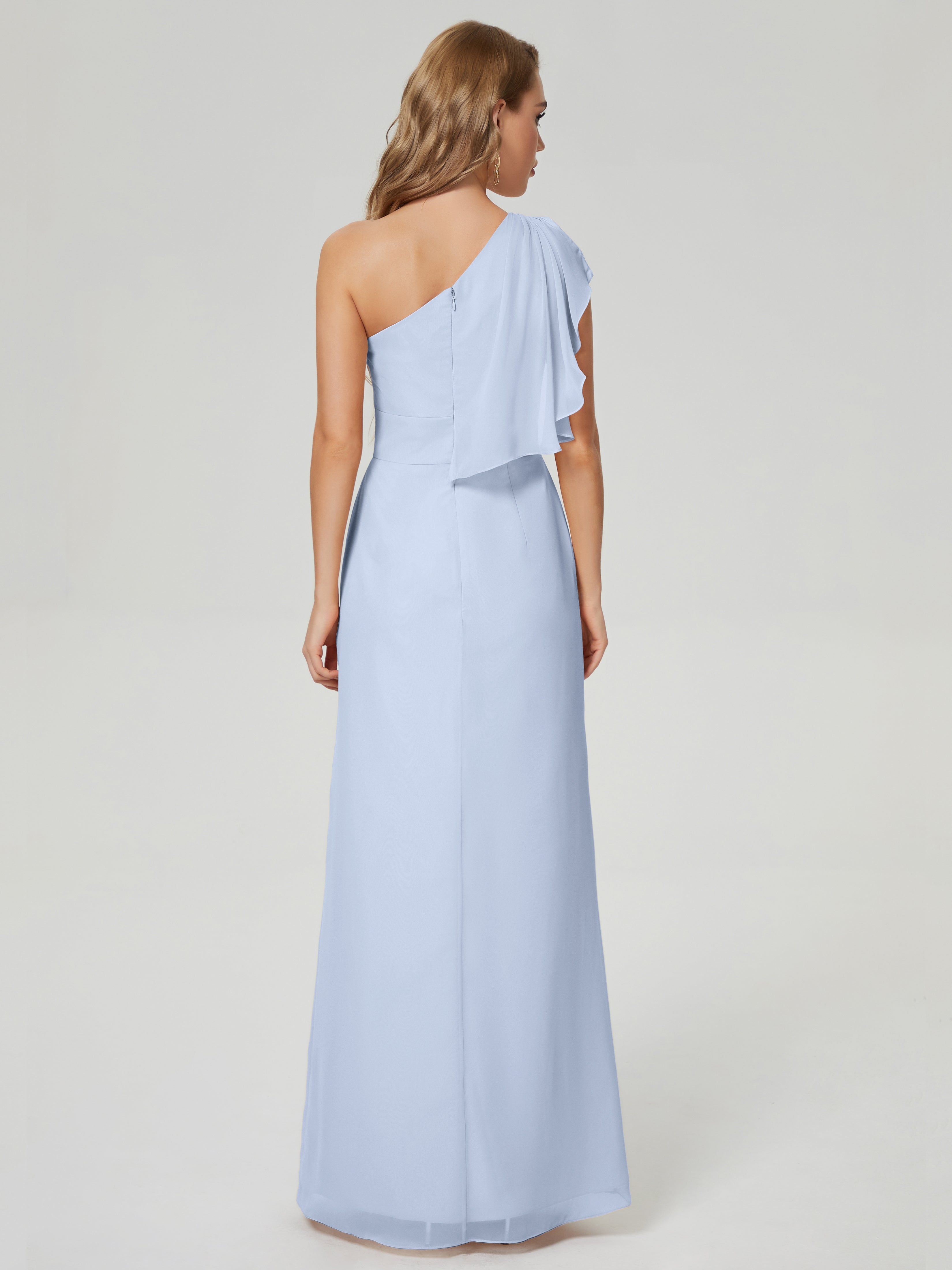 Robe De Demoiselle D Honneur Bleu Ciel Fendue Seule-Épaule Mousseline Robes Demoiselle D'Honneur À Volants