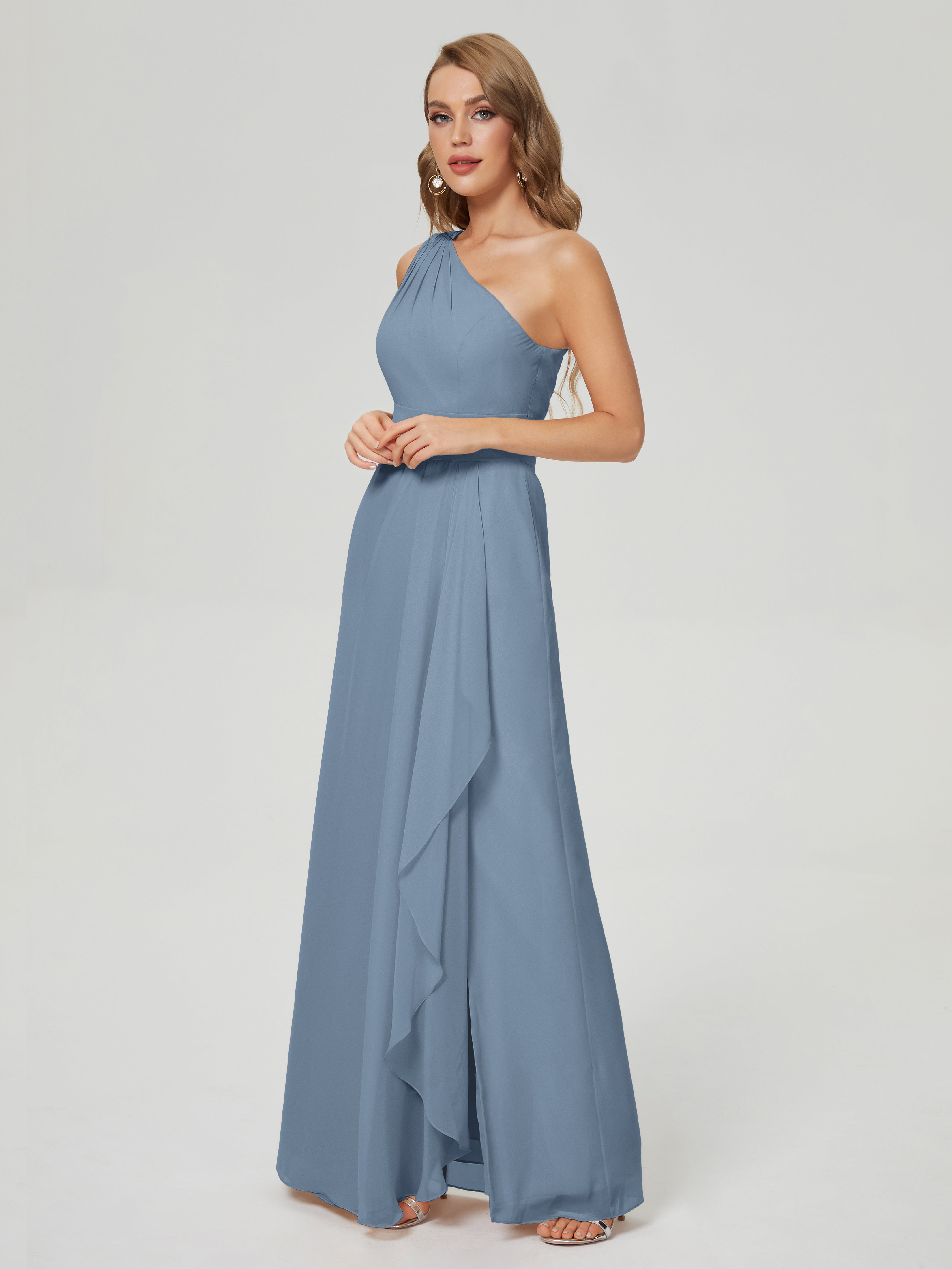 Robes De Demoiselle D'Honneur Bleu De Schiste Fendue Seule-Épaule Mousseline Robes Demoiselle D'Honneur À Volants