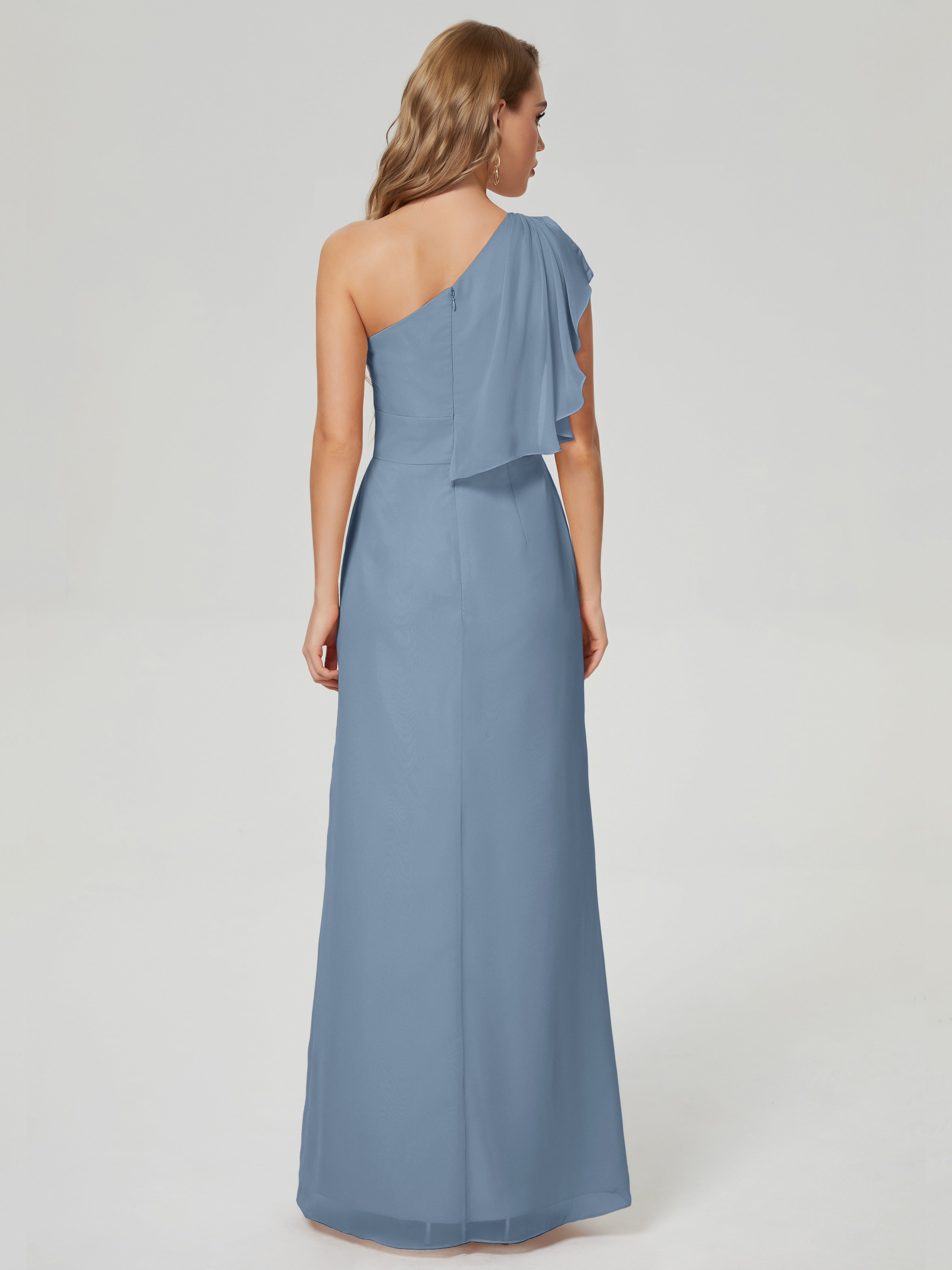 Robes De Demoiselle D'Honneur Bleu De Schiste Fendue Seule-Épaule Mousseline Robes Demoiselle D'Honneur À Volants