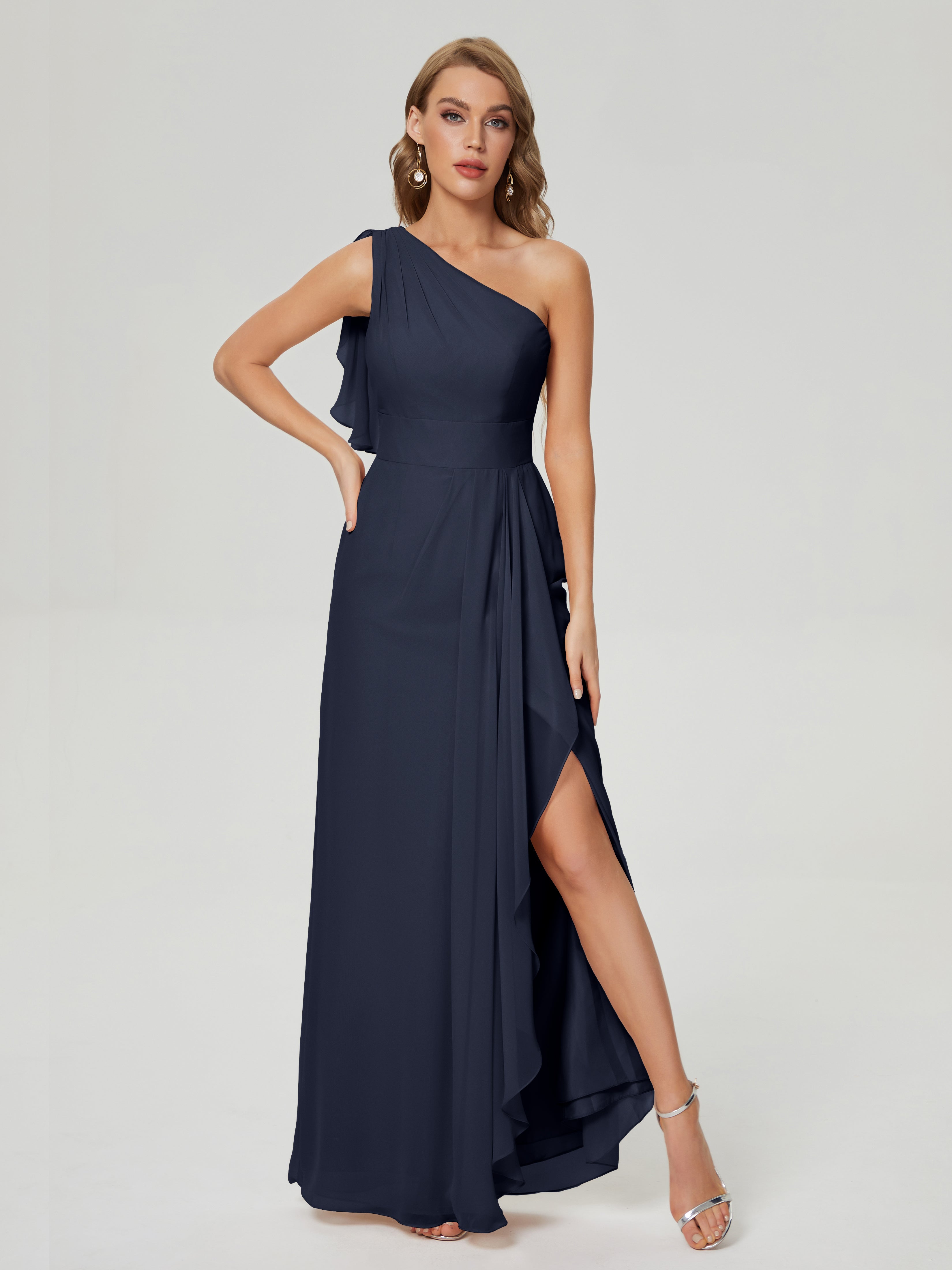 Robe Bleue Marine Demoiselle D Honneur Fendue Seule-Épaule Mousseline Robes Demoiselle D'Honneur À Volants