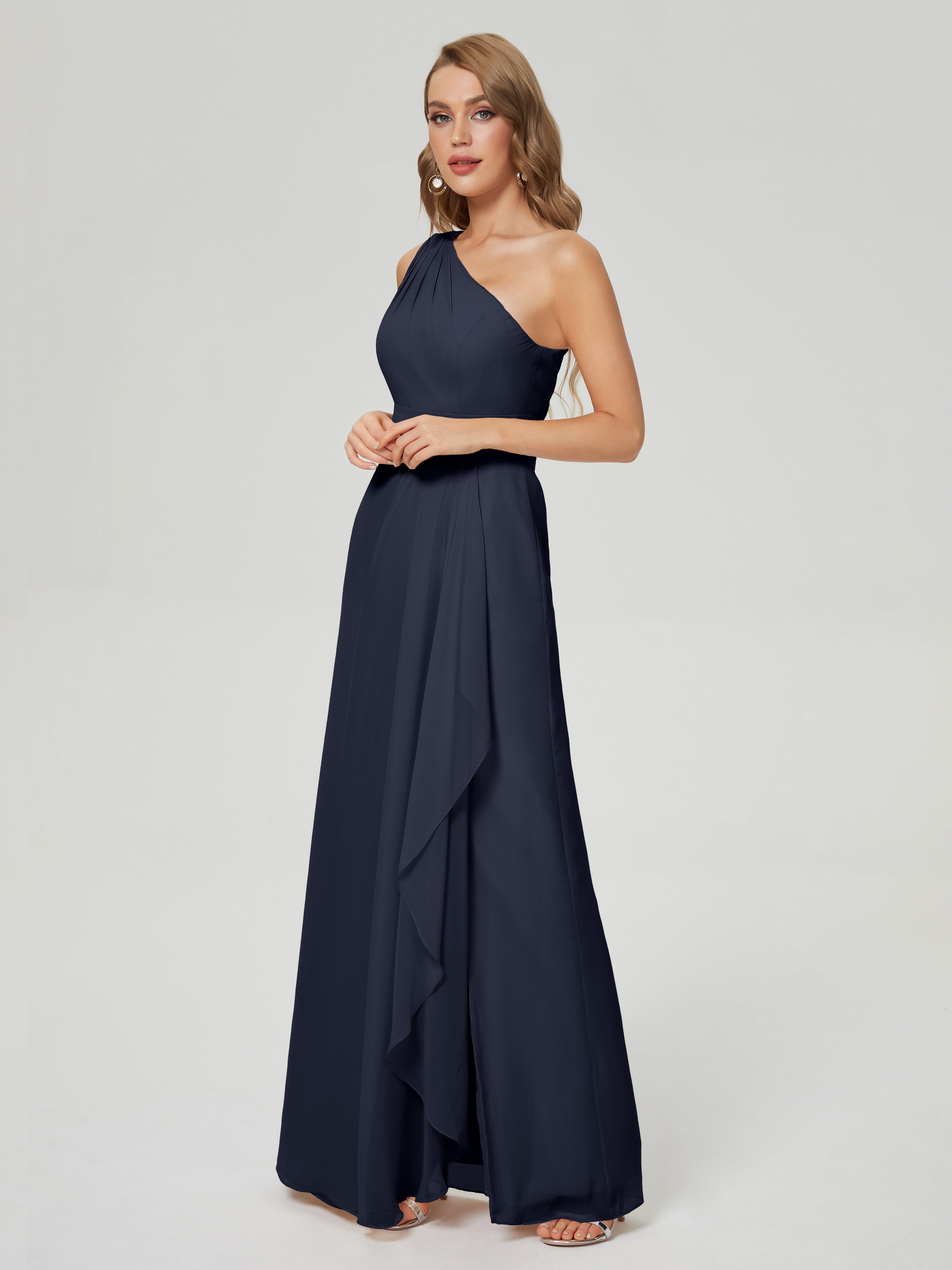 Robe Bleue Marine Demoiselle D Honneur Fendue Seule-Épaule Mousseline Robes Demoiselle D'Honneur À Volants