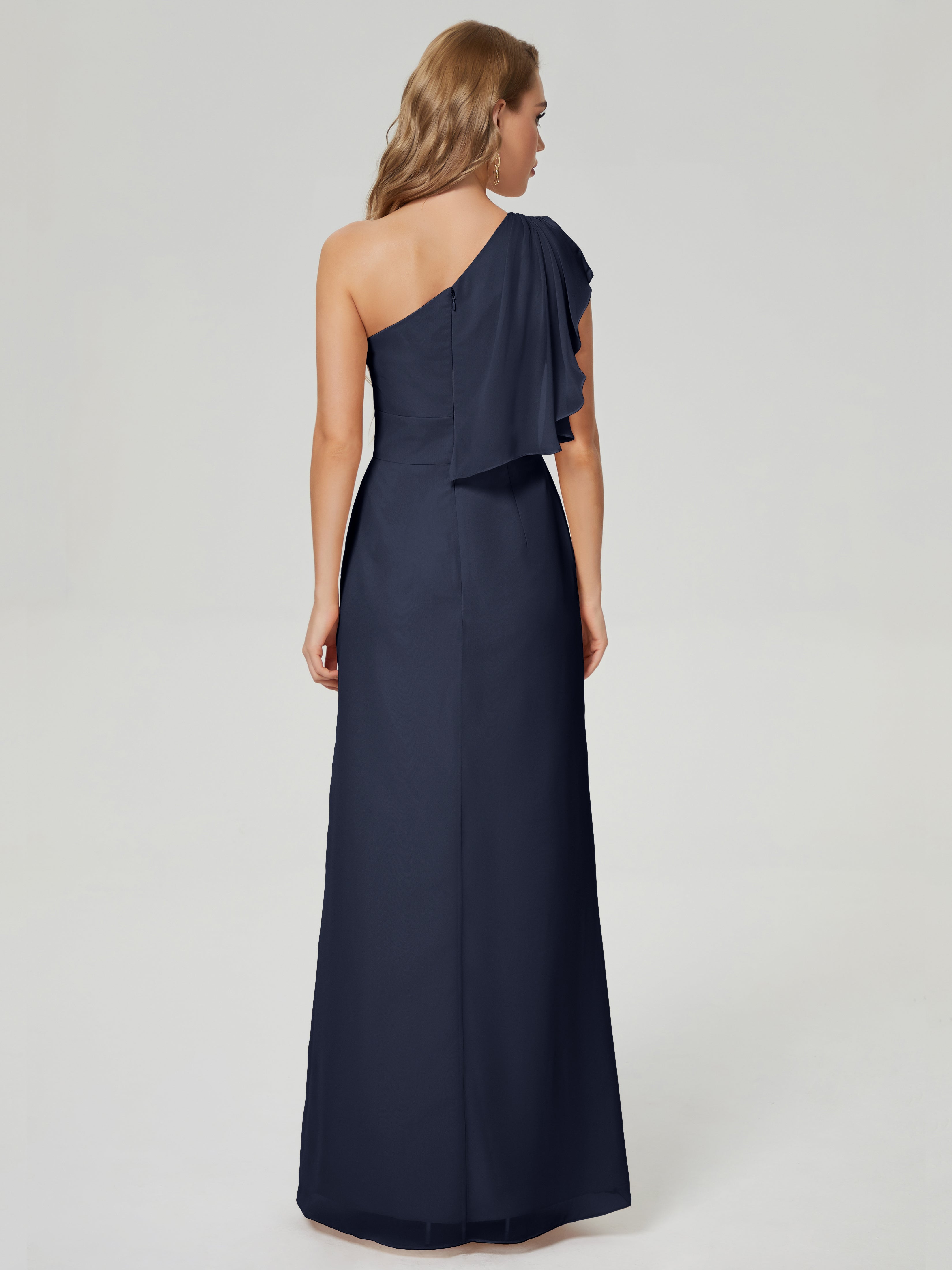 Robe Bleue Marine Demoiselle D Honneur Fendue Seule-Épaule Mousseline Robes Demoiselle D'Honneur À Volants