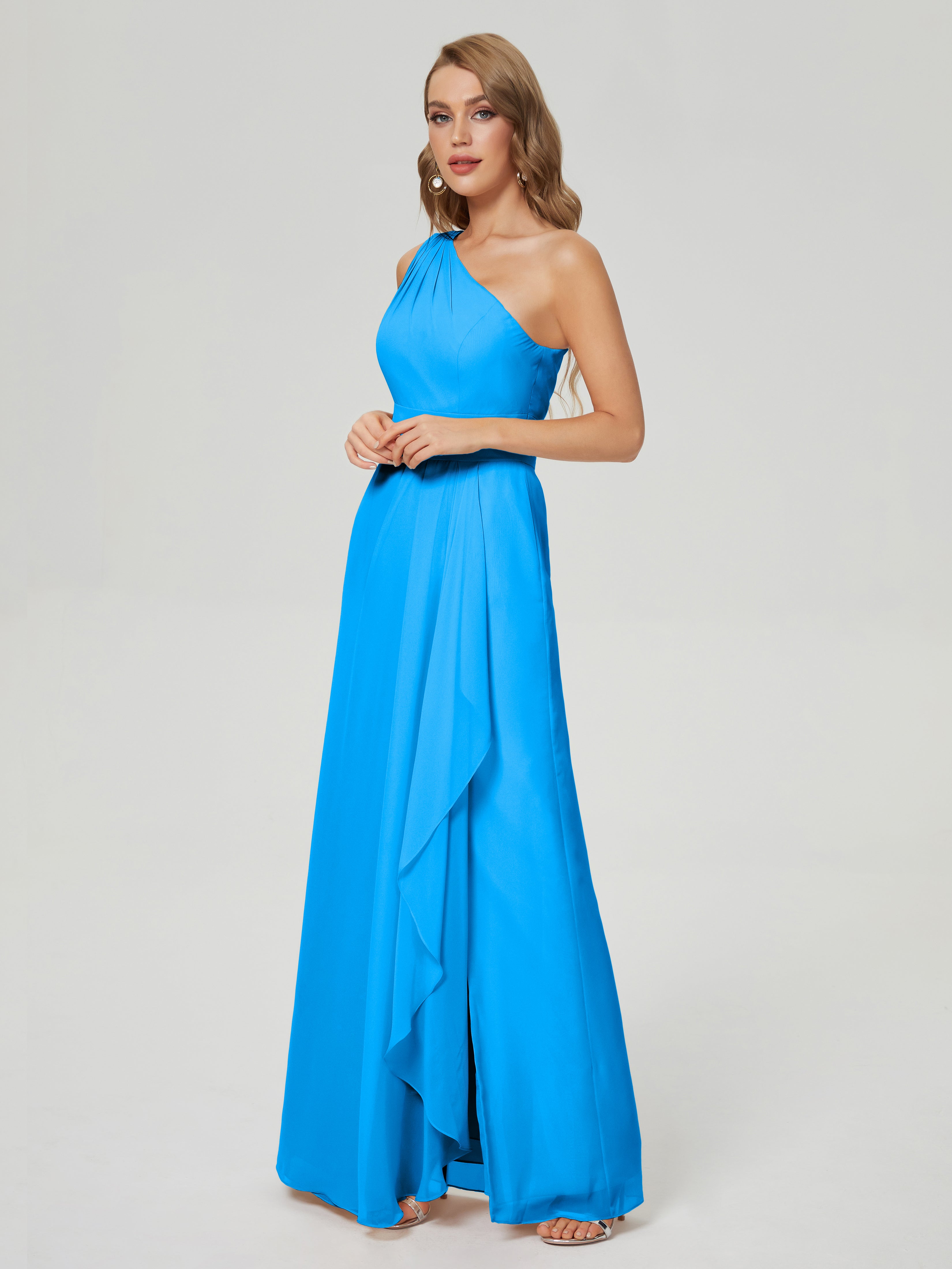 Robes De Demoiselle D'Honneur Bleu Océan Fendue Seule-Épaule Mousseline Robes Demoiselle D'Honneur À Volants