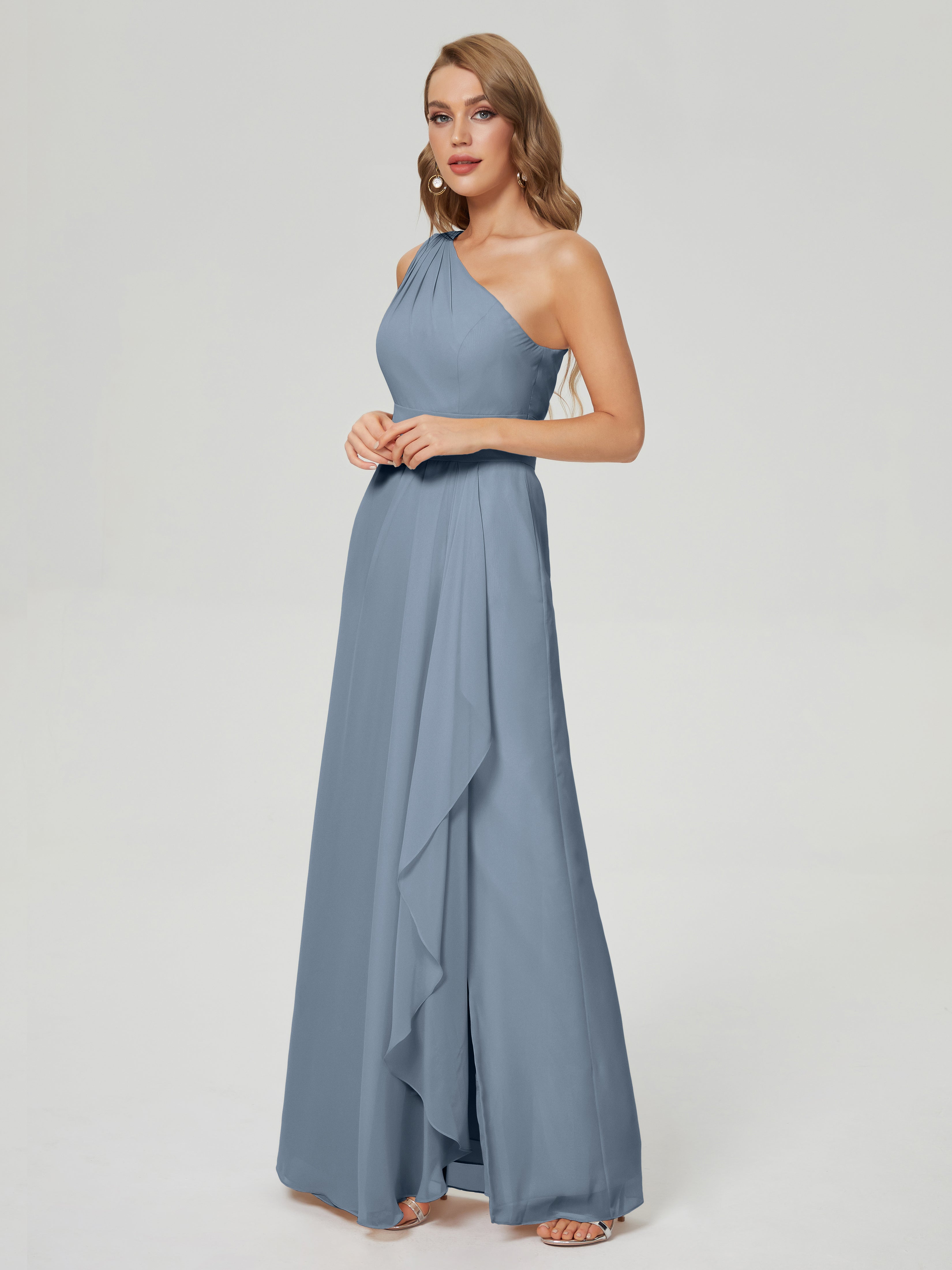 Robes De Demoiselle D'Honneur Bleu Gris Fendue Seule-Épaule Mousseline Robes Demoiselle D'Honneur À Volants