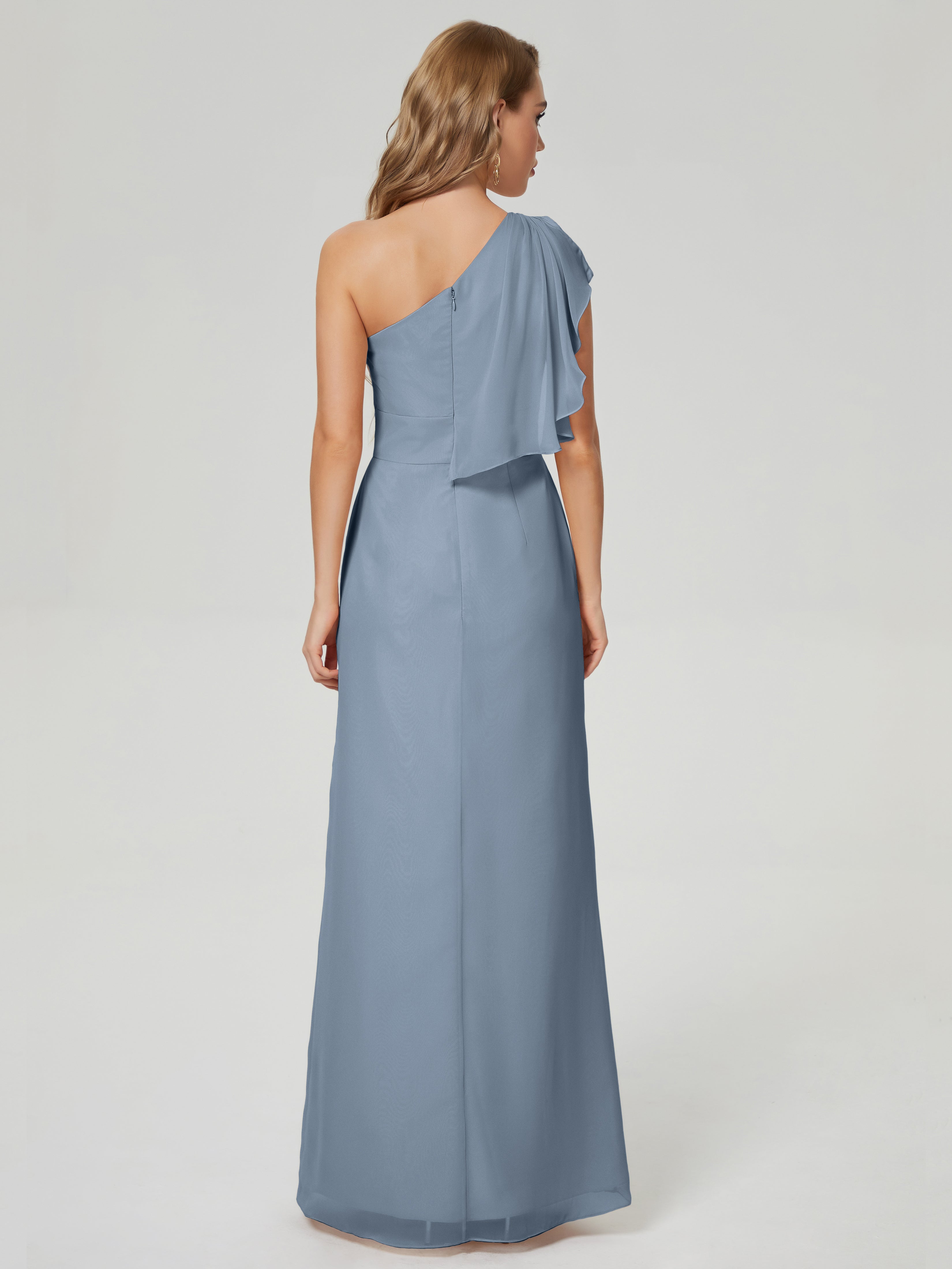Robes De Demoiselle D'Honneur Bleu Gris Fendue Seule-Épaule Mousseline Robes Demoiselle D'Honneur À Volants
