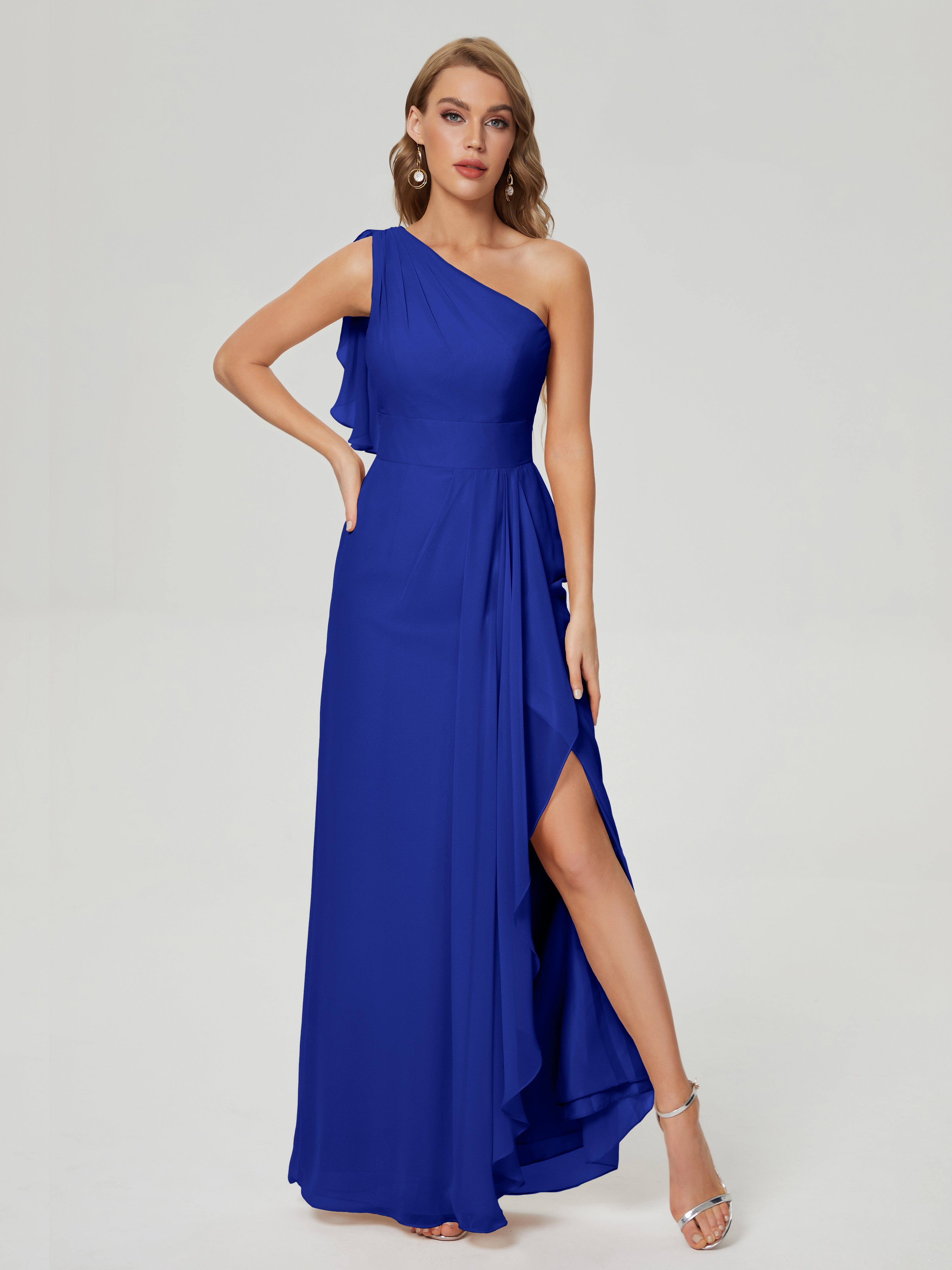 Long Robe Demoiselle D Honneur Bleu Roi Fendue Seule-Épaule Mousseline Robes Demoiselle D'Honneur À Volants
