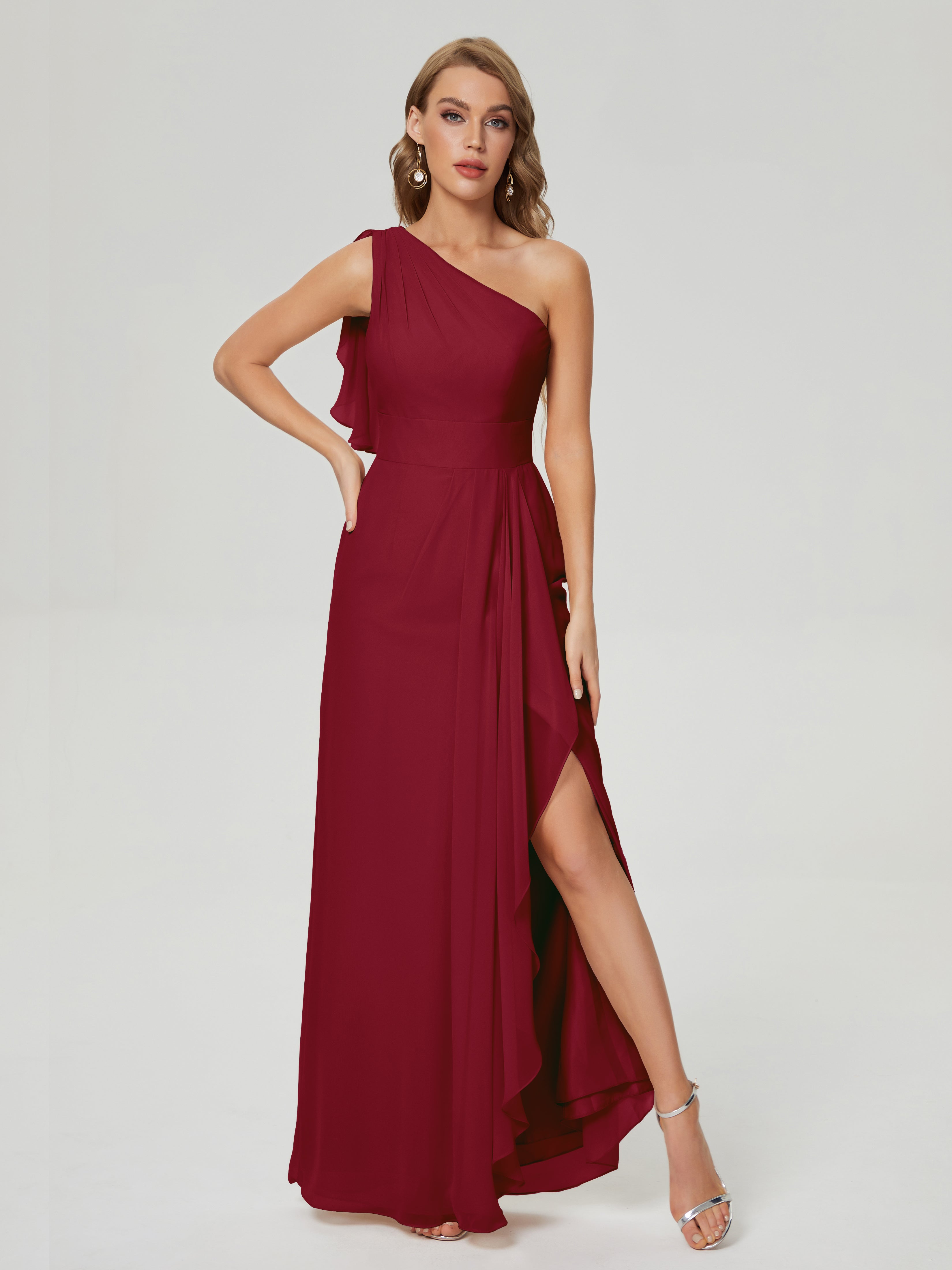 Robe Longue Demoiselle D Honneur Bordeaux Fendue Seule-Épaule Mousseline Robes Demoiselle D'Honneur À Volants