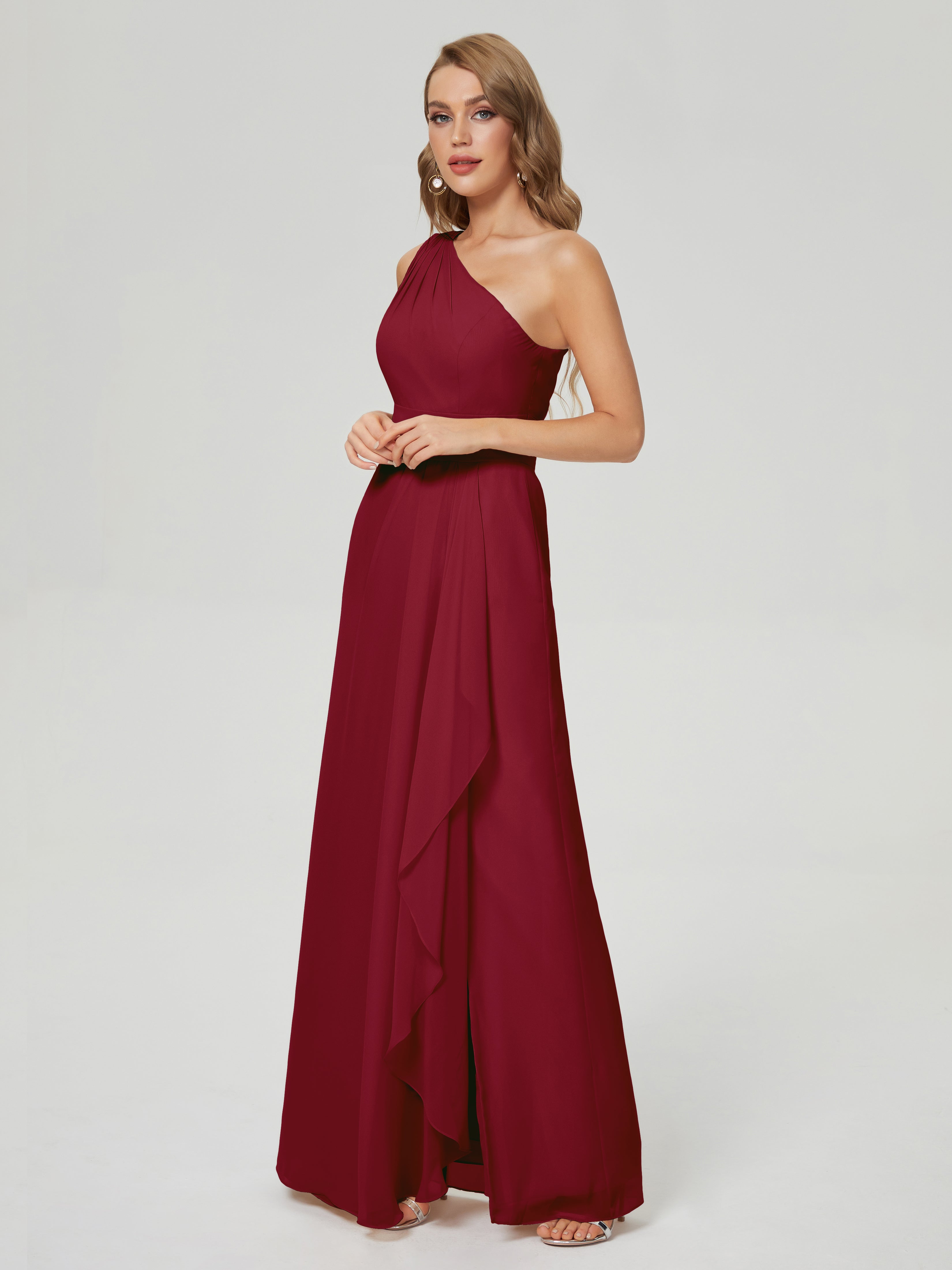 Robe Longue Demoiselle D Honneur Bordeaux Fendue Seule-Épaule Mousseline Robes Demoiselle D'Honneur À Volants