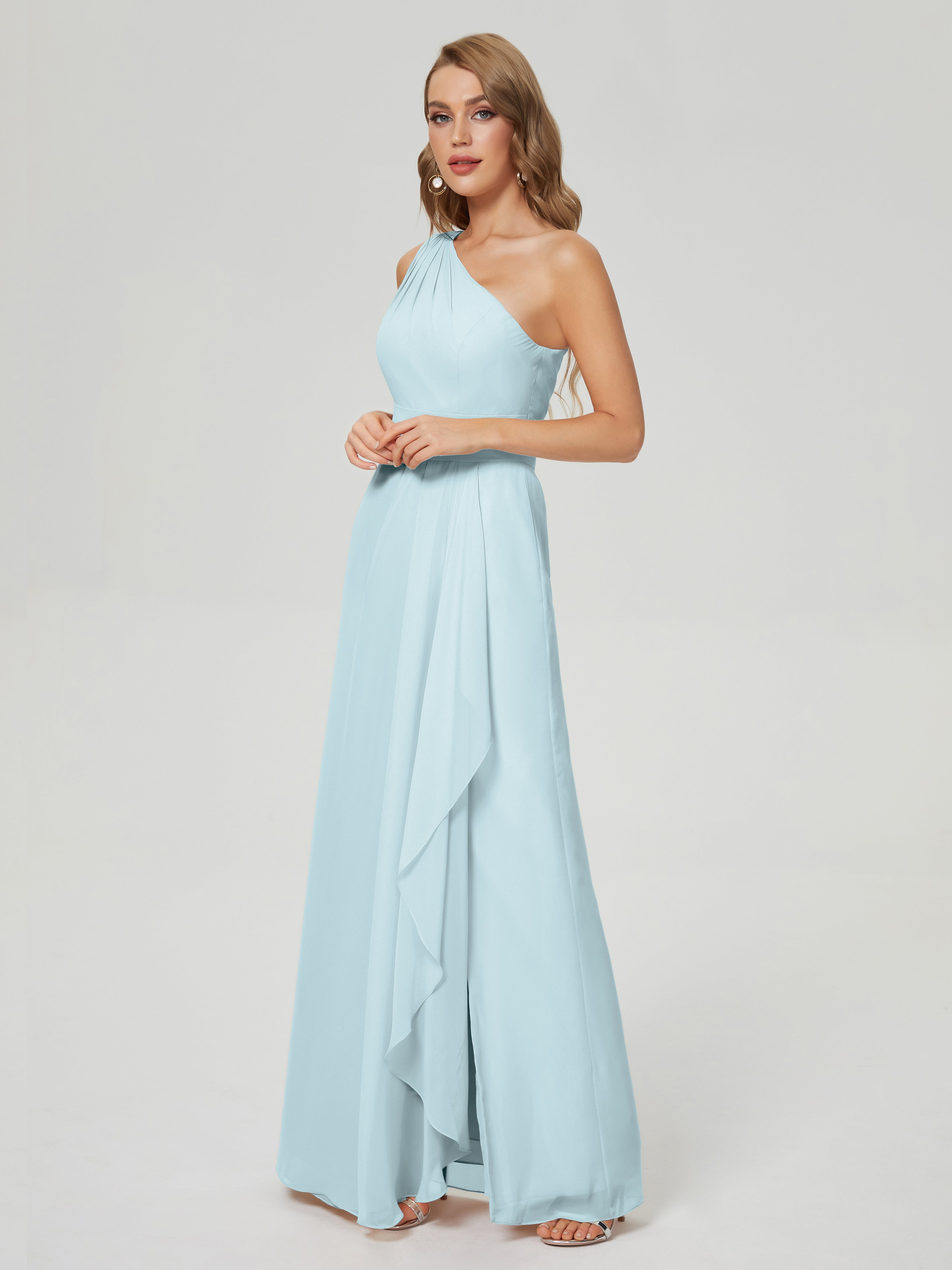 Robe De Demoiselle D'Honneur Brume Fendue Seule-Épaule Mousseline Robes Demoiselle D'Honneur À Volants