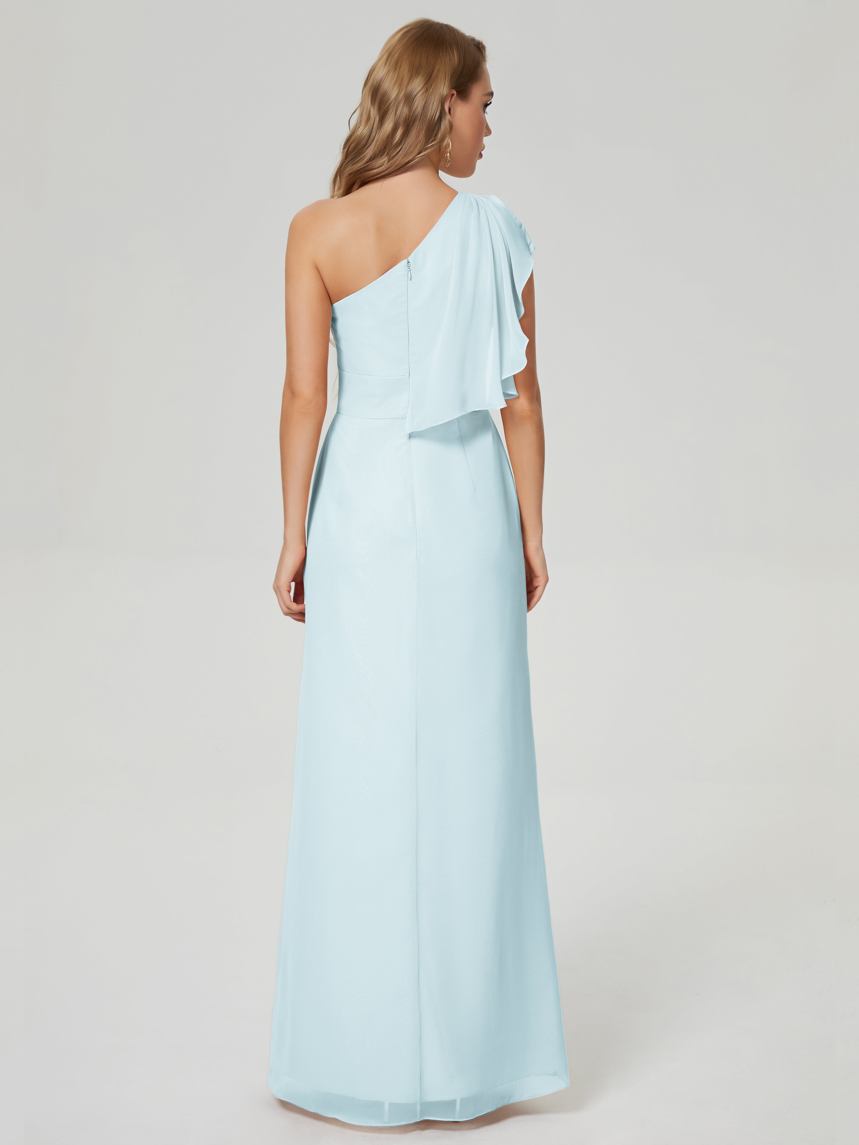 Robe De Demoiselle D'Honneur Brume Fendue Seule-Épaule Mousseline Robes Demoiselle D'Honneur À Volants