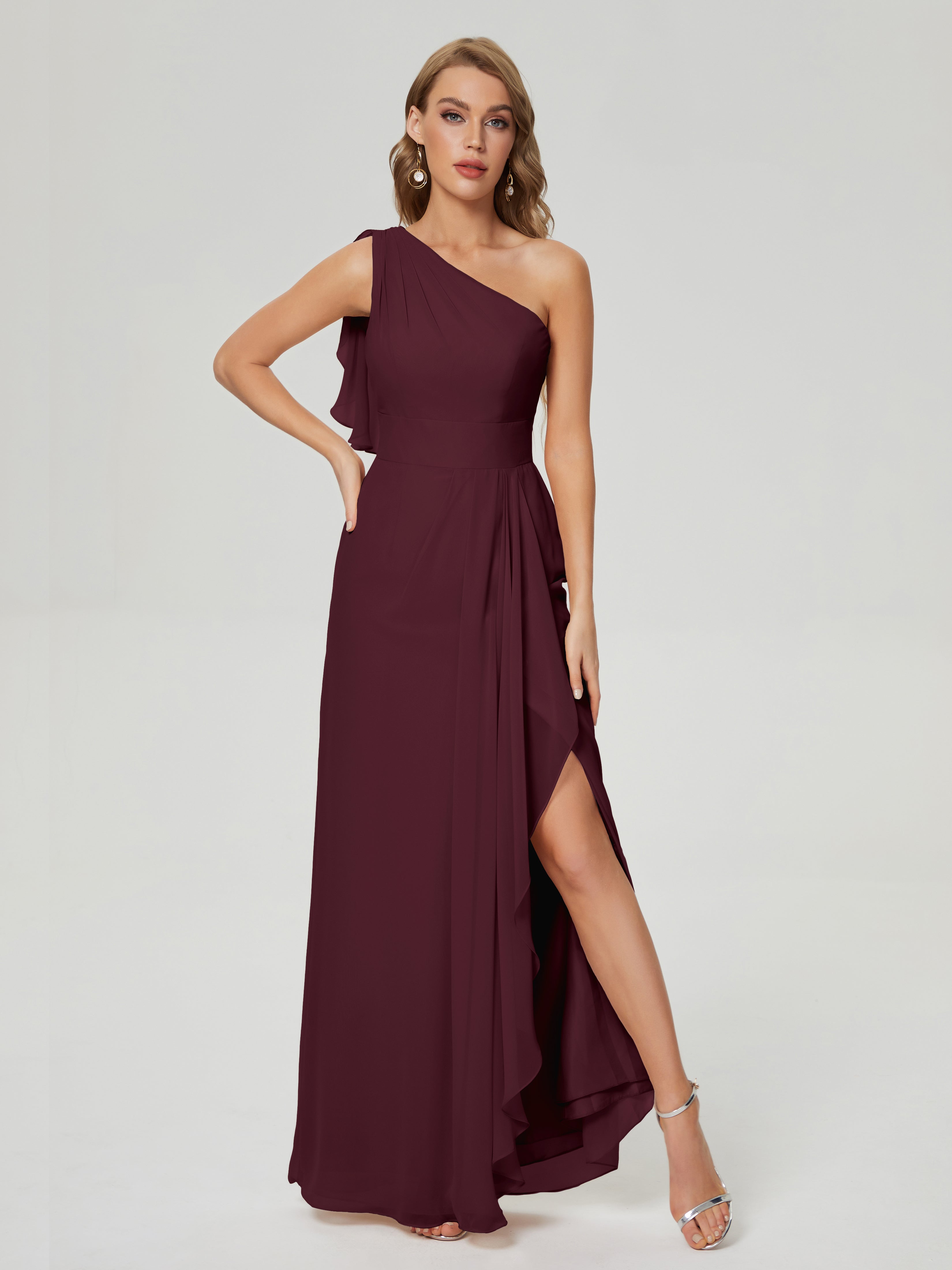 Robes De Demoiselle D'Honneur Cabernet Fendue Seule-Épaule Mousseline Robes Demoiselle D'Honneur À Volants