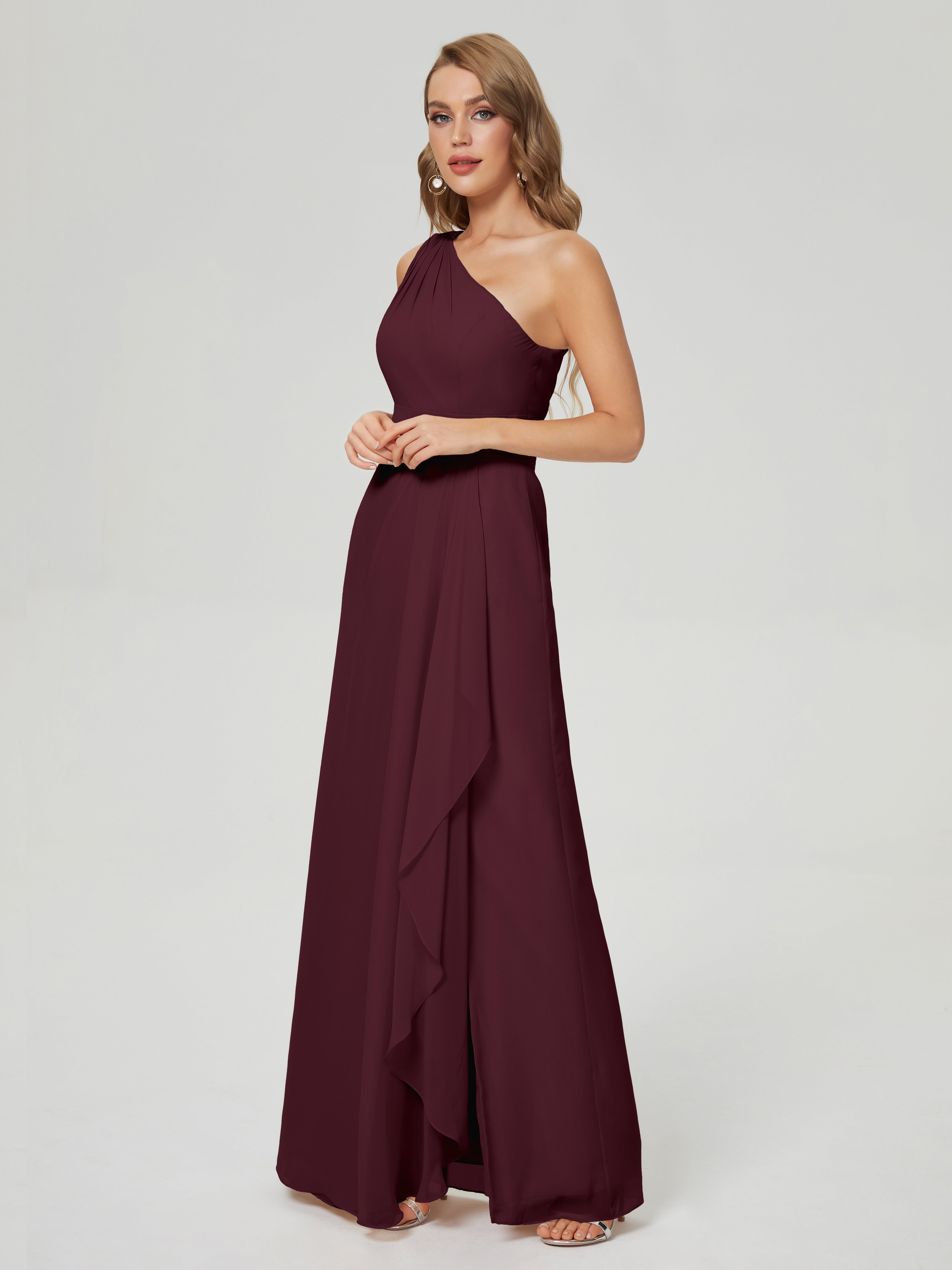 Robes De Demoiselle D'Honneur Cabernet Fendue Seule-Épaule Mousseline Robes Demoiselle D'Honneur À Volants