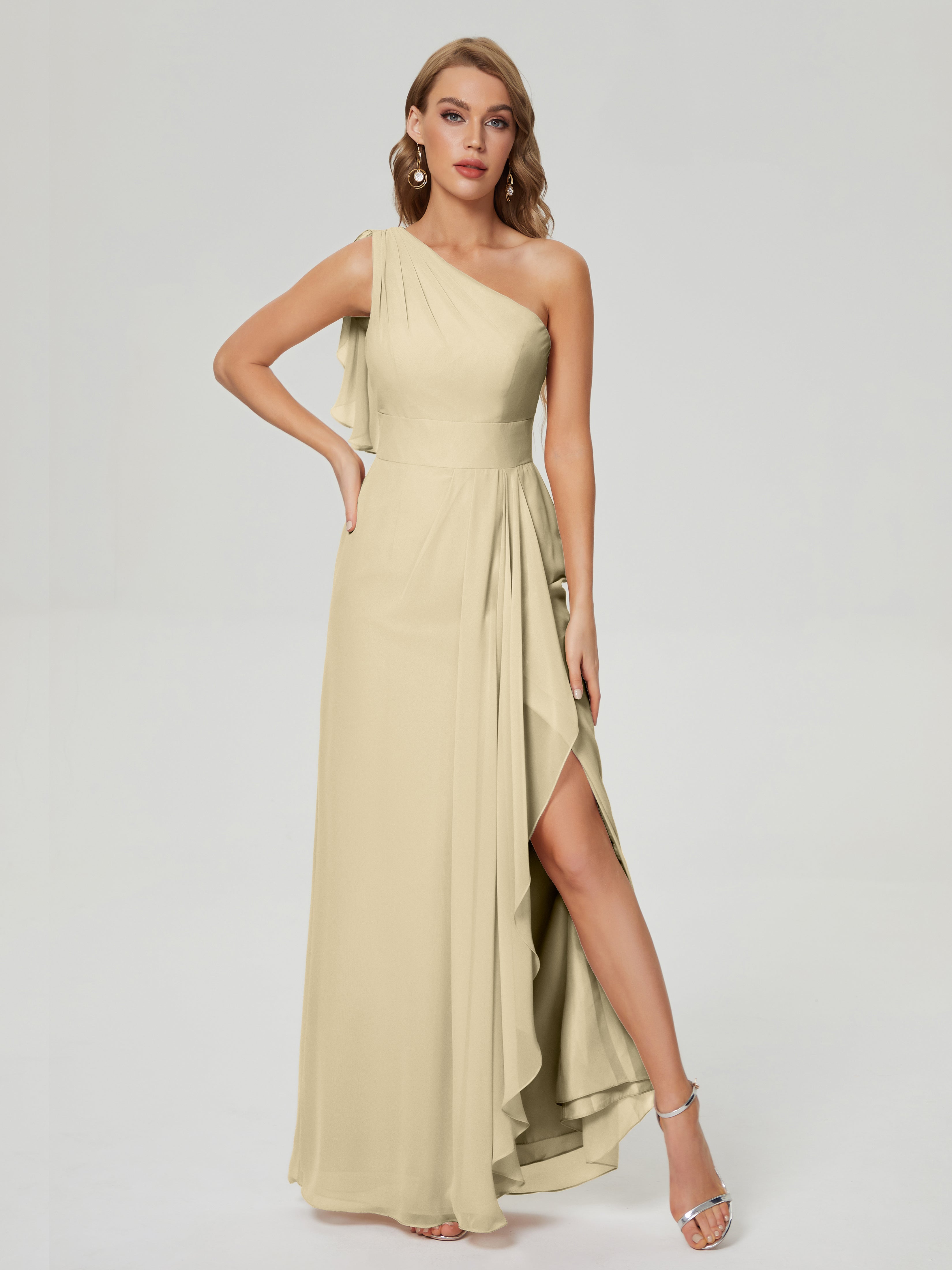 Robe De Demoiselle D Honneur Champagne Fendue Seule-Épaule Mousseline Robes Demoiselle D'Honneur À Volants