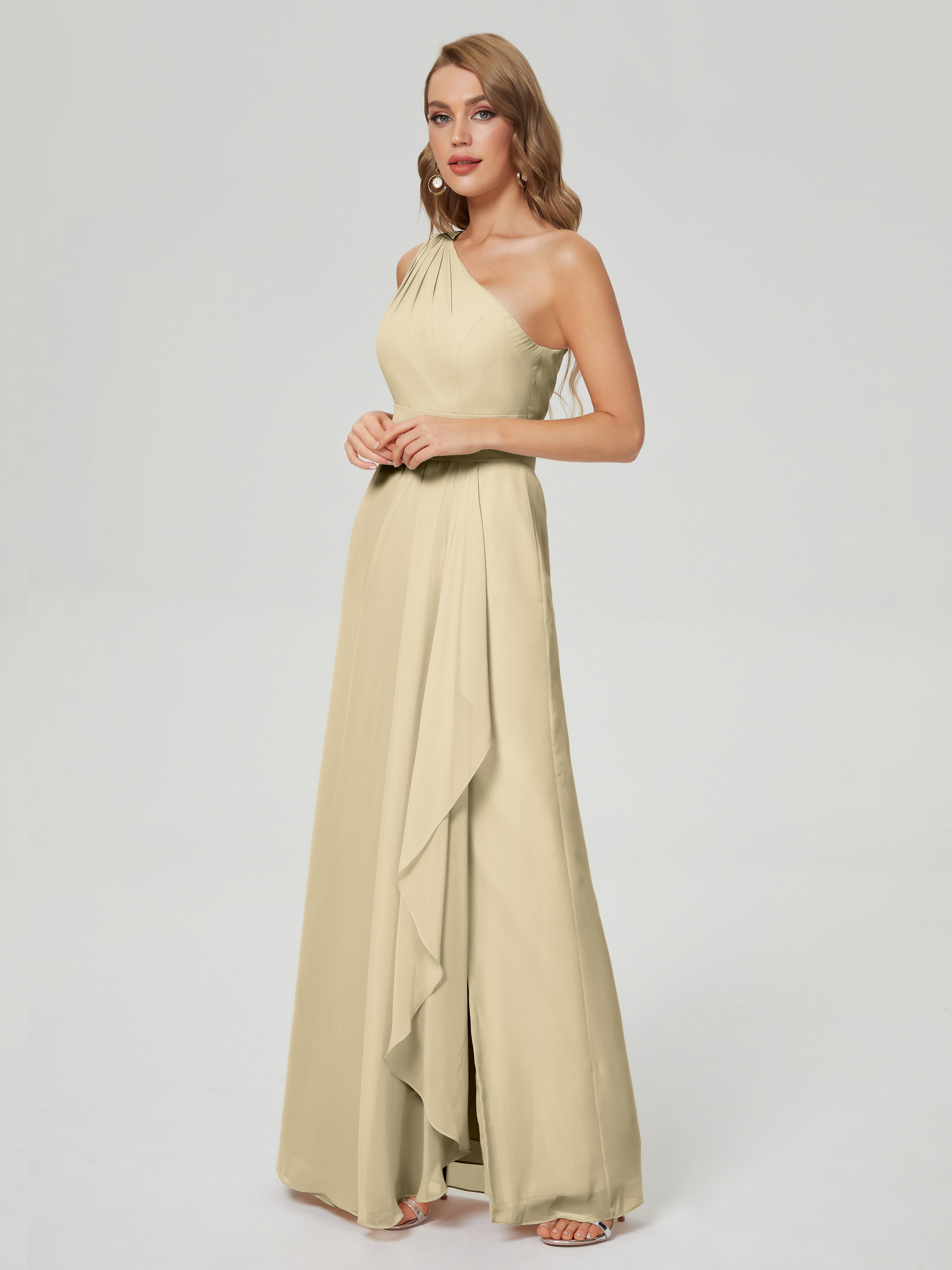 Robe De Demoiselle D Honneur Champagne Fendue Seule-Épaule Mousseline Robes Demoiselle D'Honneur À Volants