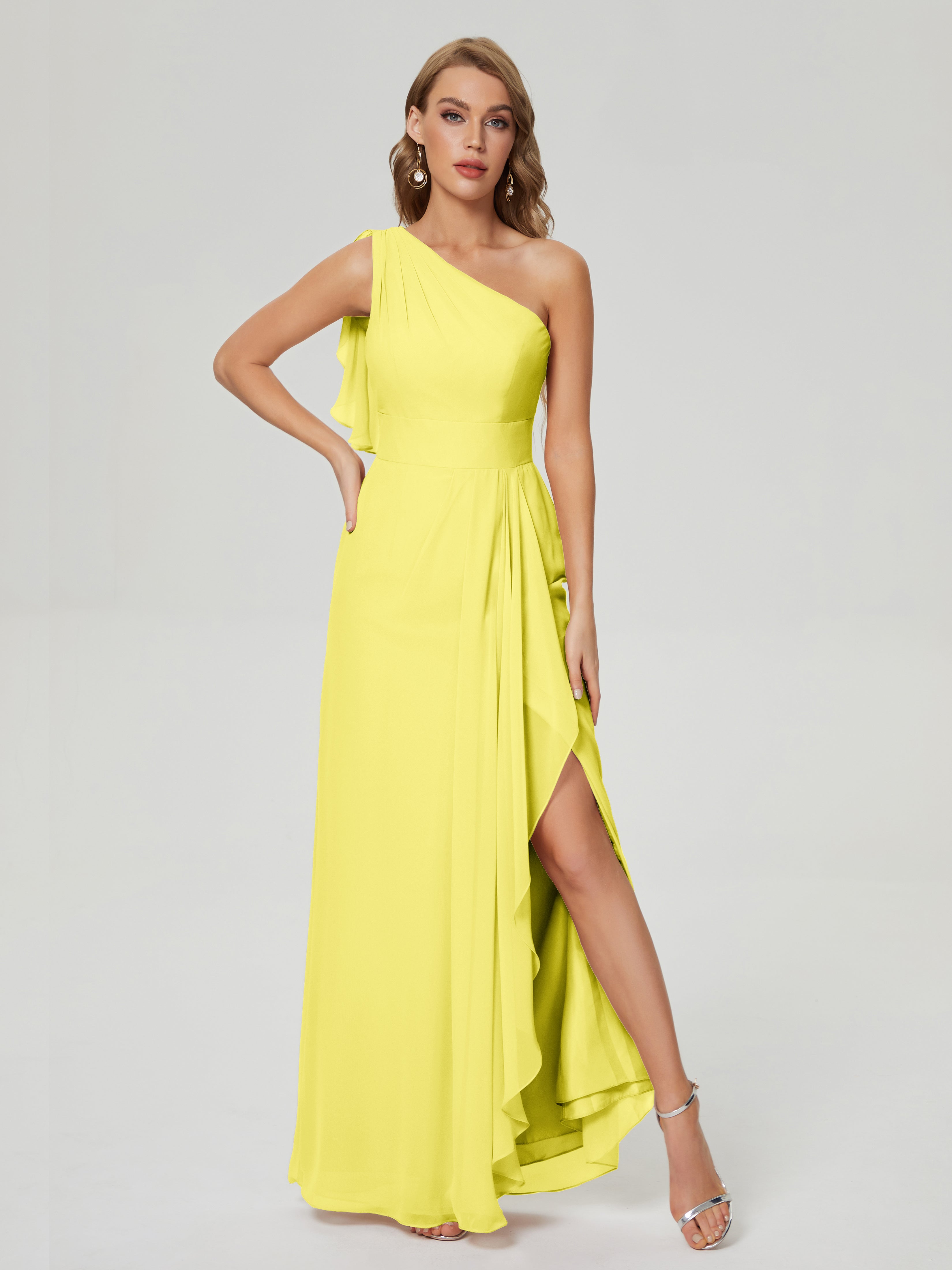 Robes De Demoiselle D'Honneur Citron Fendue Seule-Épaule Mousseline Robes Demoiselle D'Honneur À Volants