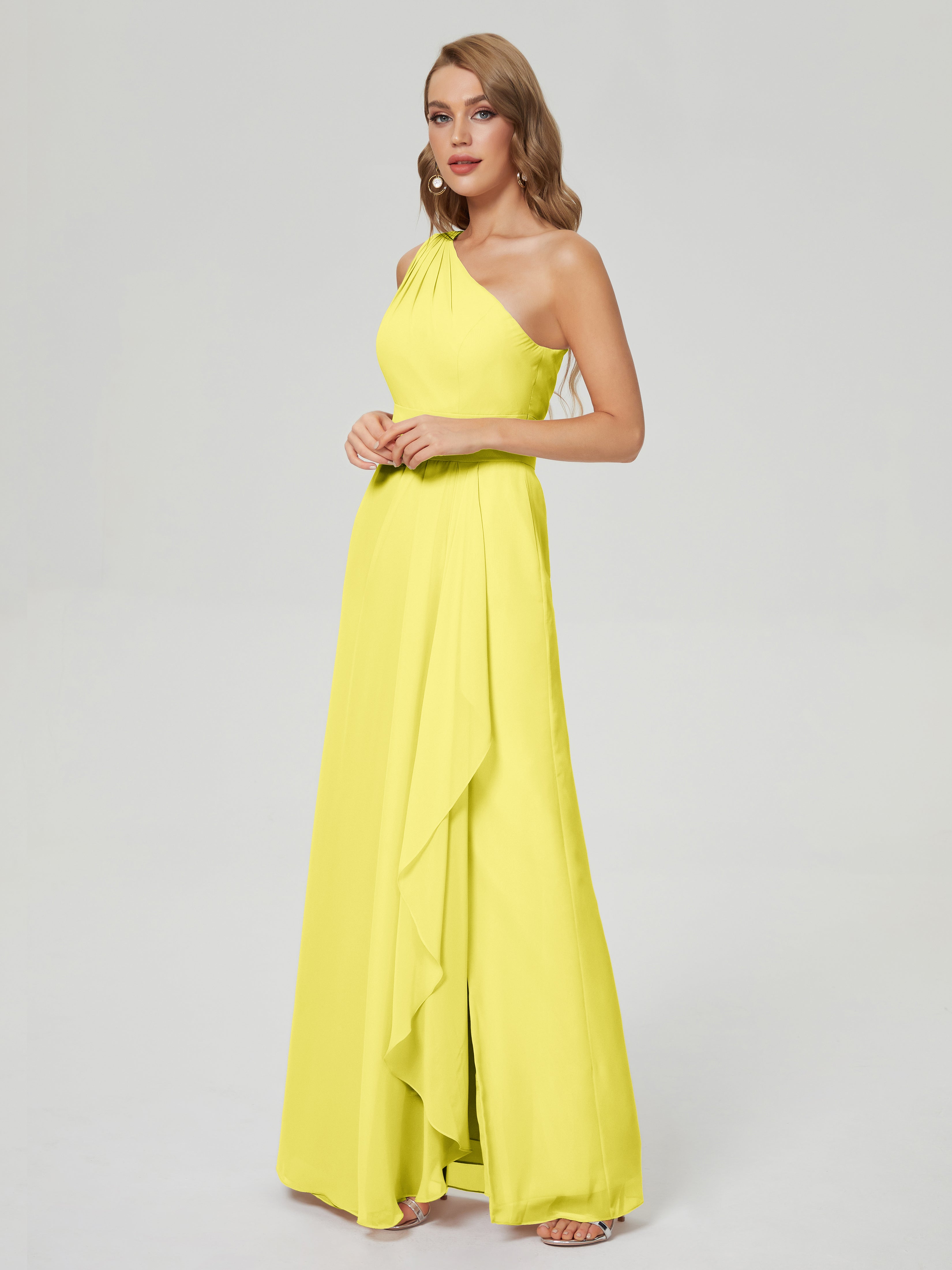 Robes De Demoiselle D'Honneur Citron Fendue Seule-Épaule Mousseline Robes Demoiselle D'Honneur À Volants