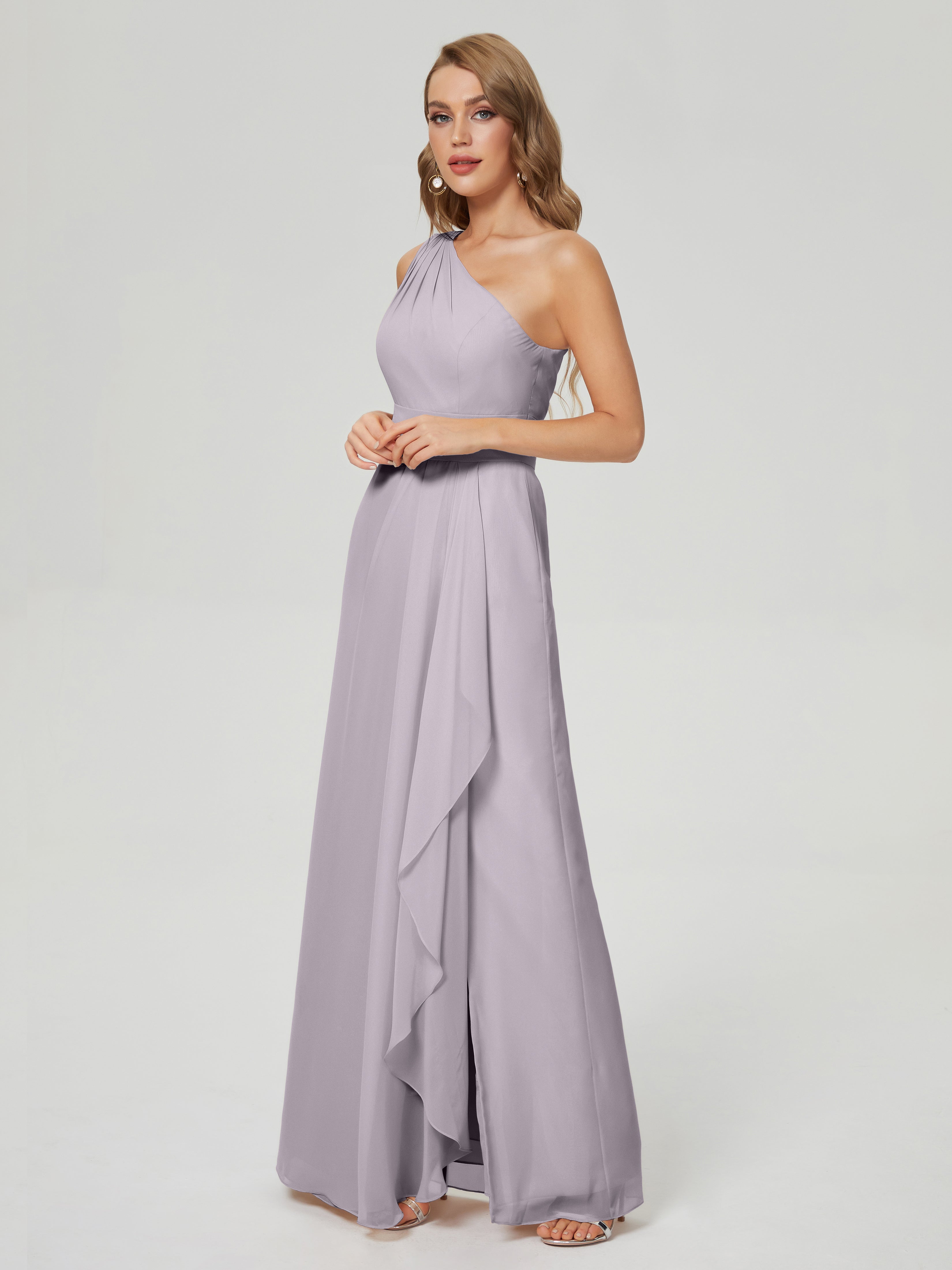 Robes De Demoiselle D'Honneur Couleur Crépuscule Fendue Seule-Épaule Mousseline Robes Demoiselle D'Honneur À Volants