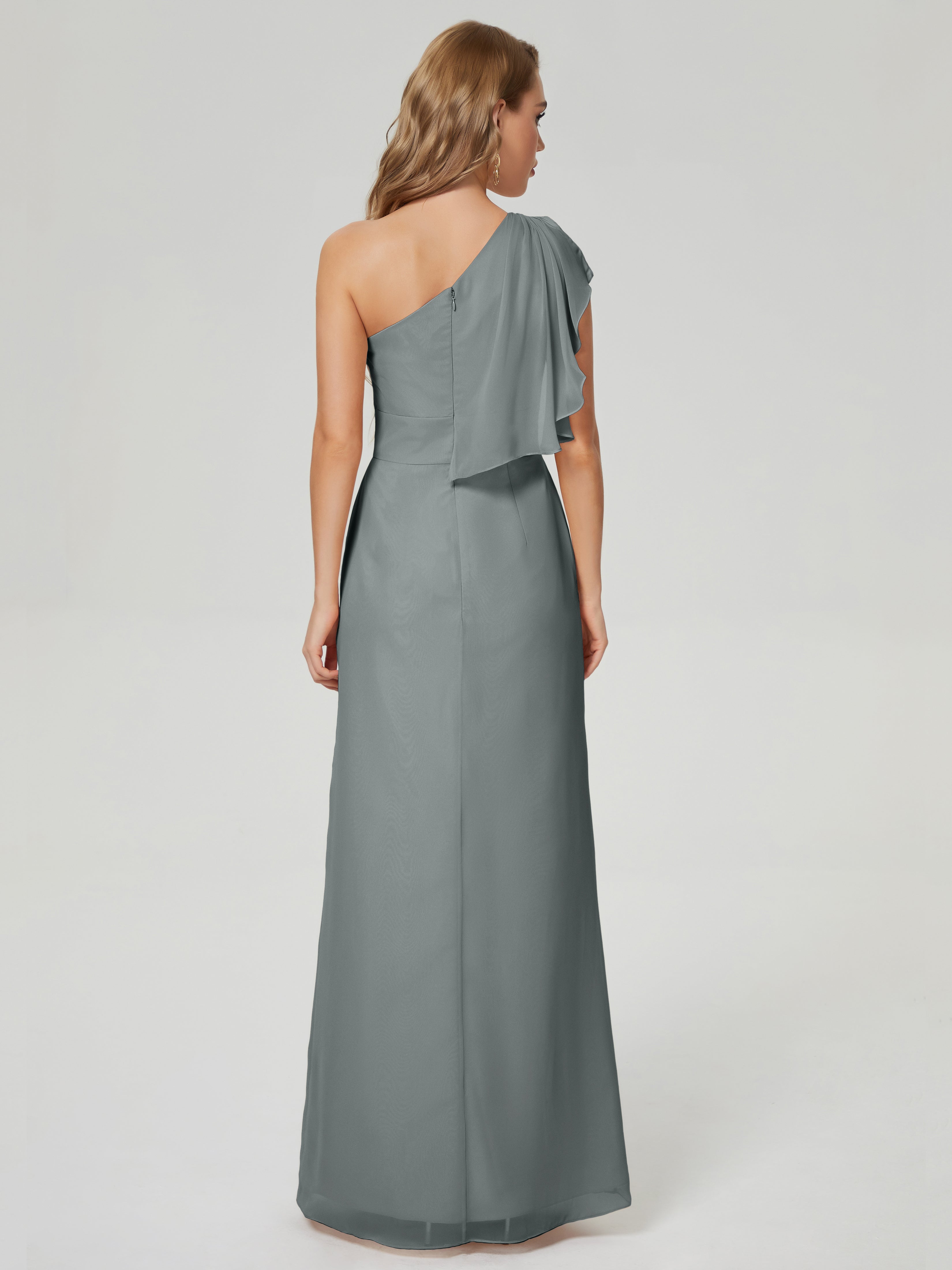 Robe De Demoiselle D Honneur Grise Fendue Seule-Épaule Mousseline Robes Demoiselle D'Honneur À Volants