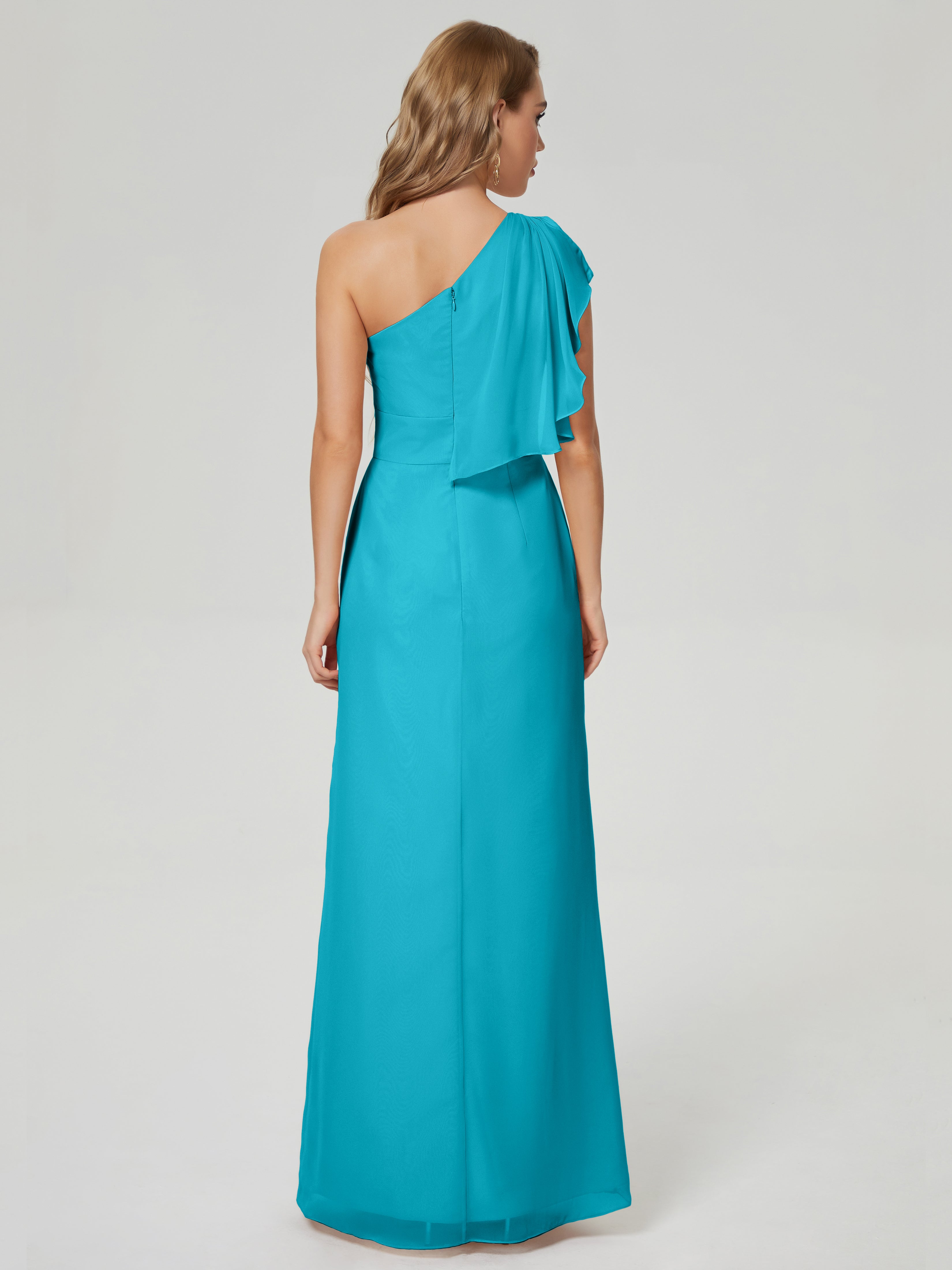 Robes De Demoiselle D'Honneur Vert Jade Fendue Seule-Épaule Mousseline Robes Demoiselle D'Honneur À Volants