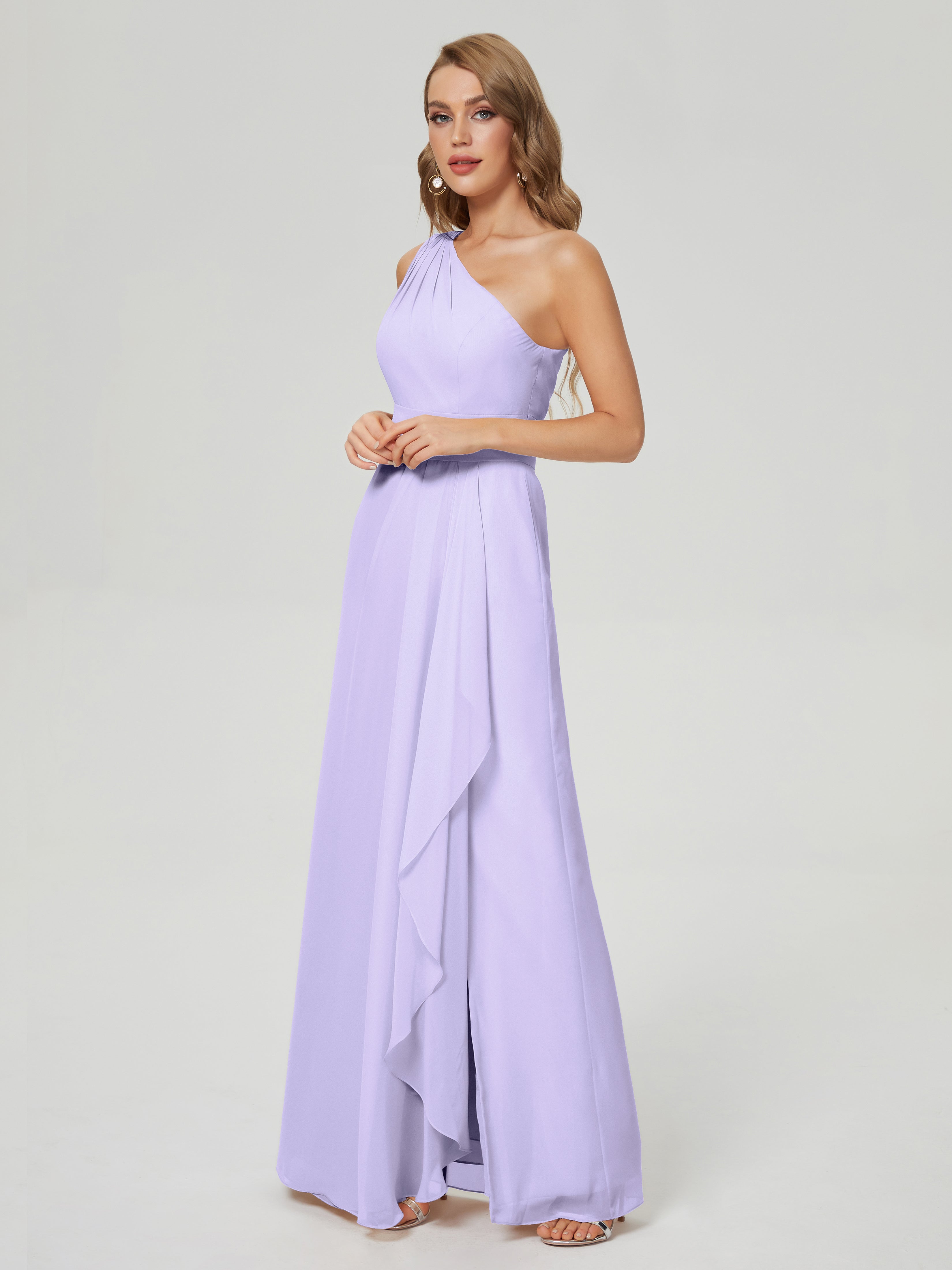 Robe Longue Lilas Demoiselle D Honneur Fendue Seule-Épaule Mousseline Robes Demoiselle D'Honneur À Volants