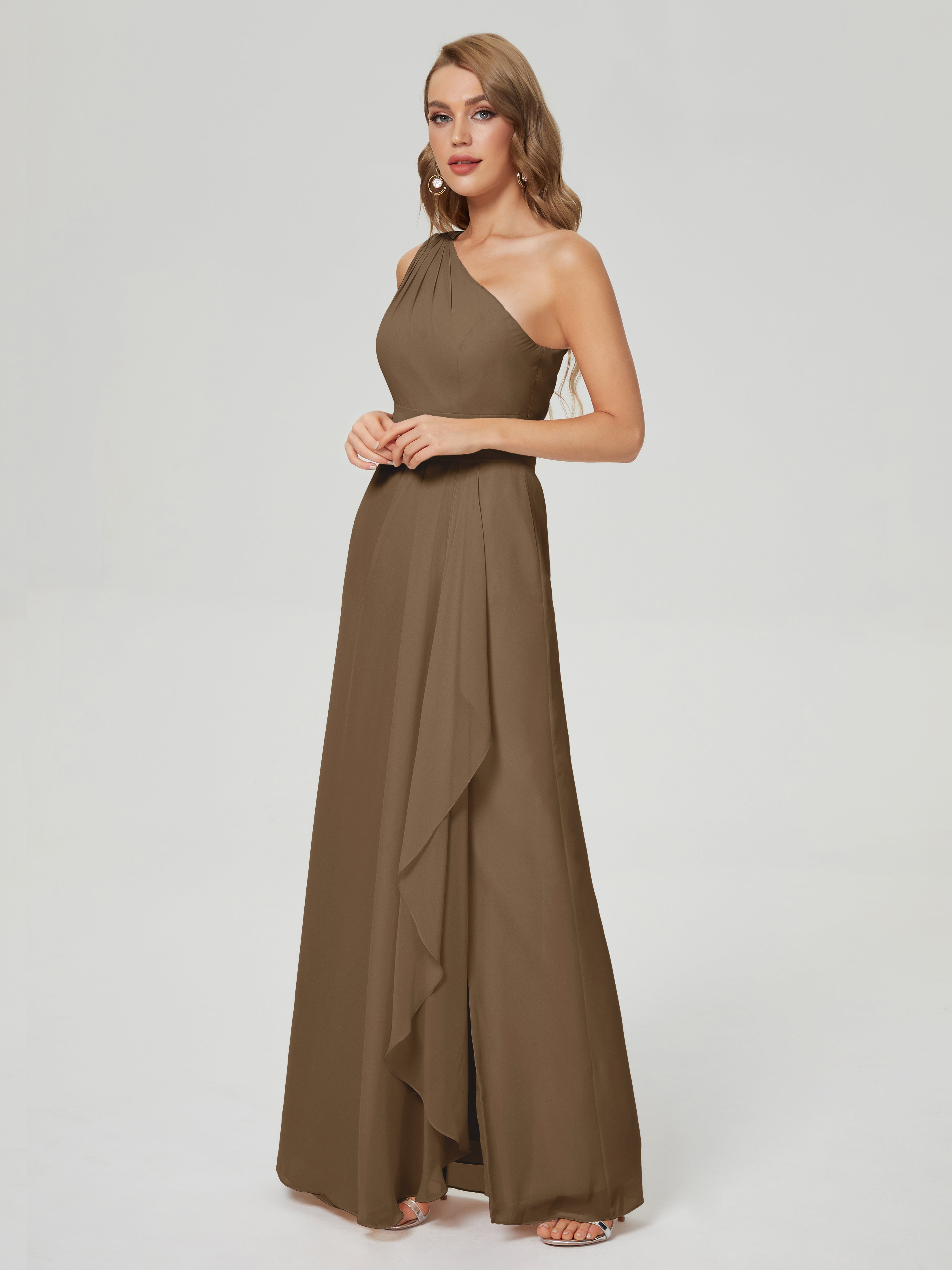 Robe De Demoiselle D'Honneur Moka Fendue Seule-Épaule Mousseline Robes Demoiselle D'Honneur À Volants