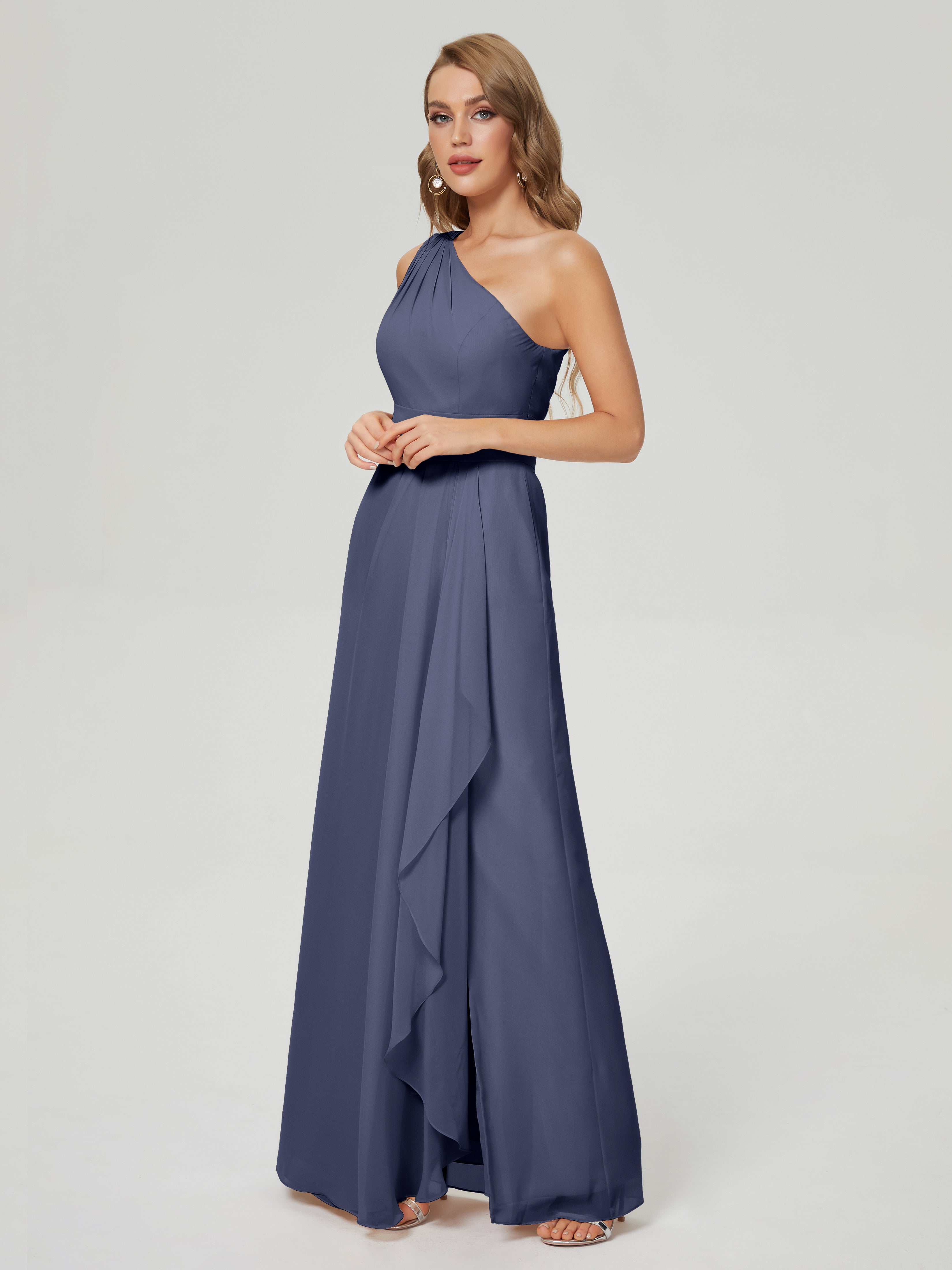 Robes De Demoiselle D'Honneur Bleu Orageux Fendue Seule-Épaule Mousseline Robes Demoiselle D'Honneur À Volants