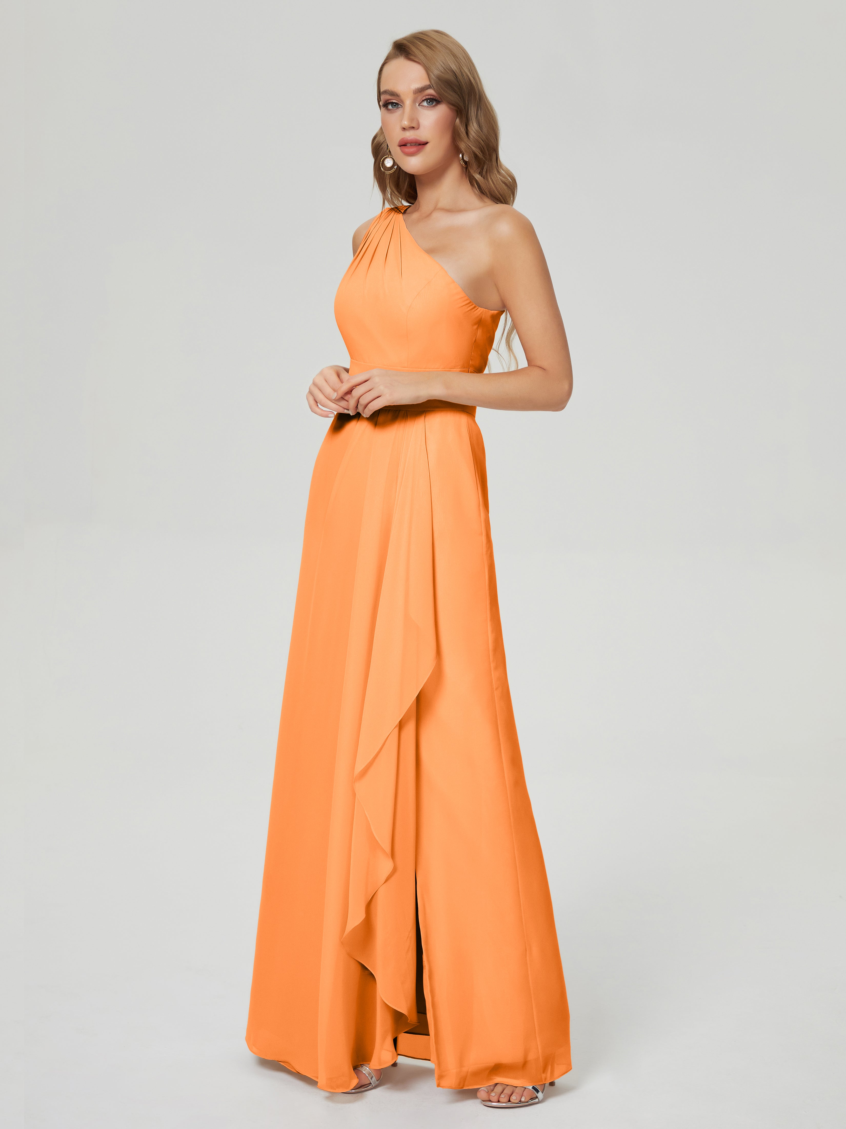 Demoiselle Dhonneur Robe Orange Fendue Seule-Épaule Mousseline Robes Demoiselle D'Honneur À Volants