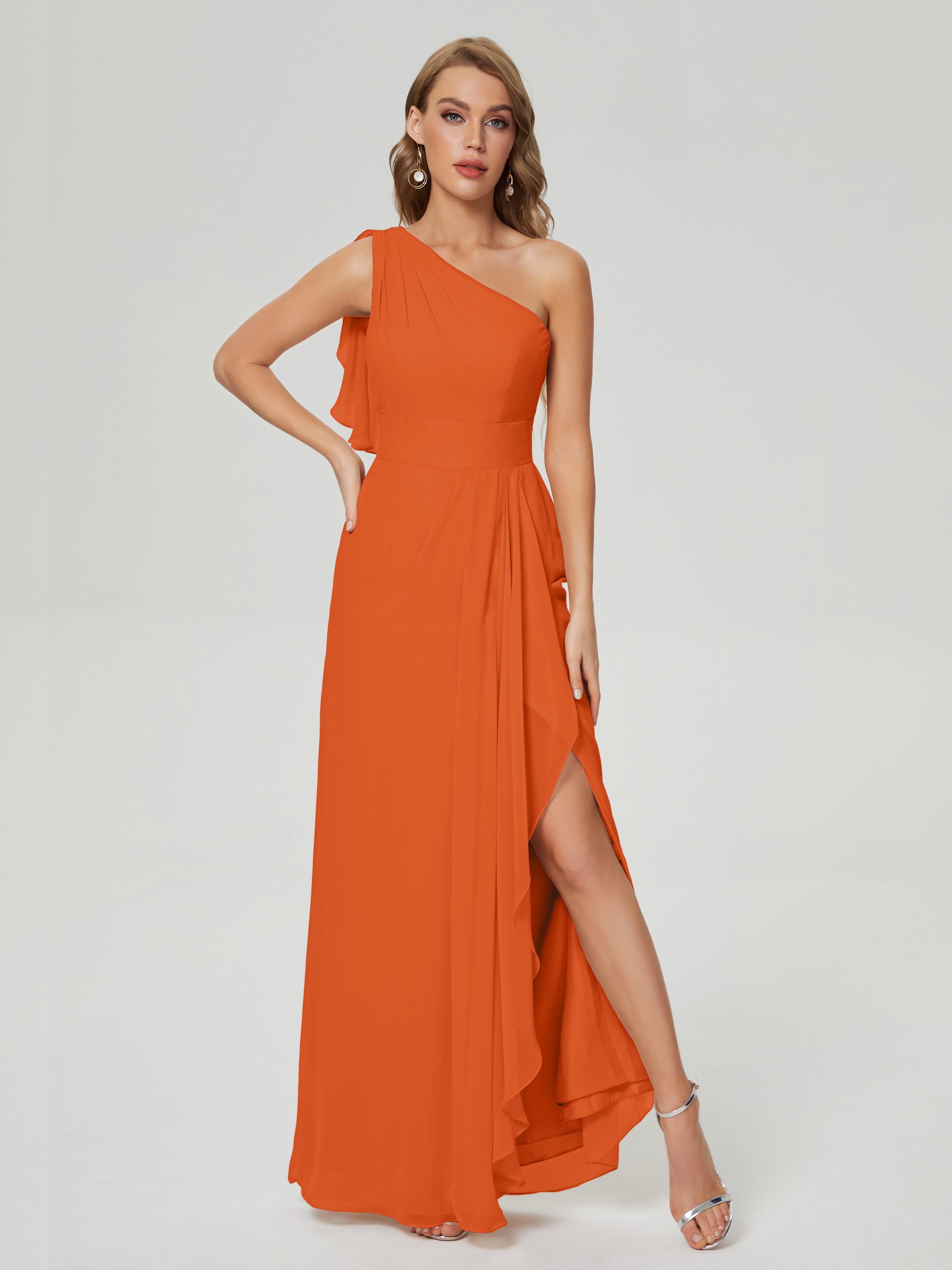 Robes De Demoiselle D'Honneur Orange Brûlé Fendue Seule-Épaule Mousseline Robes Demoiselle D'Honneur À Volants
