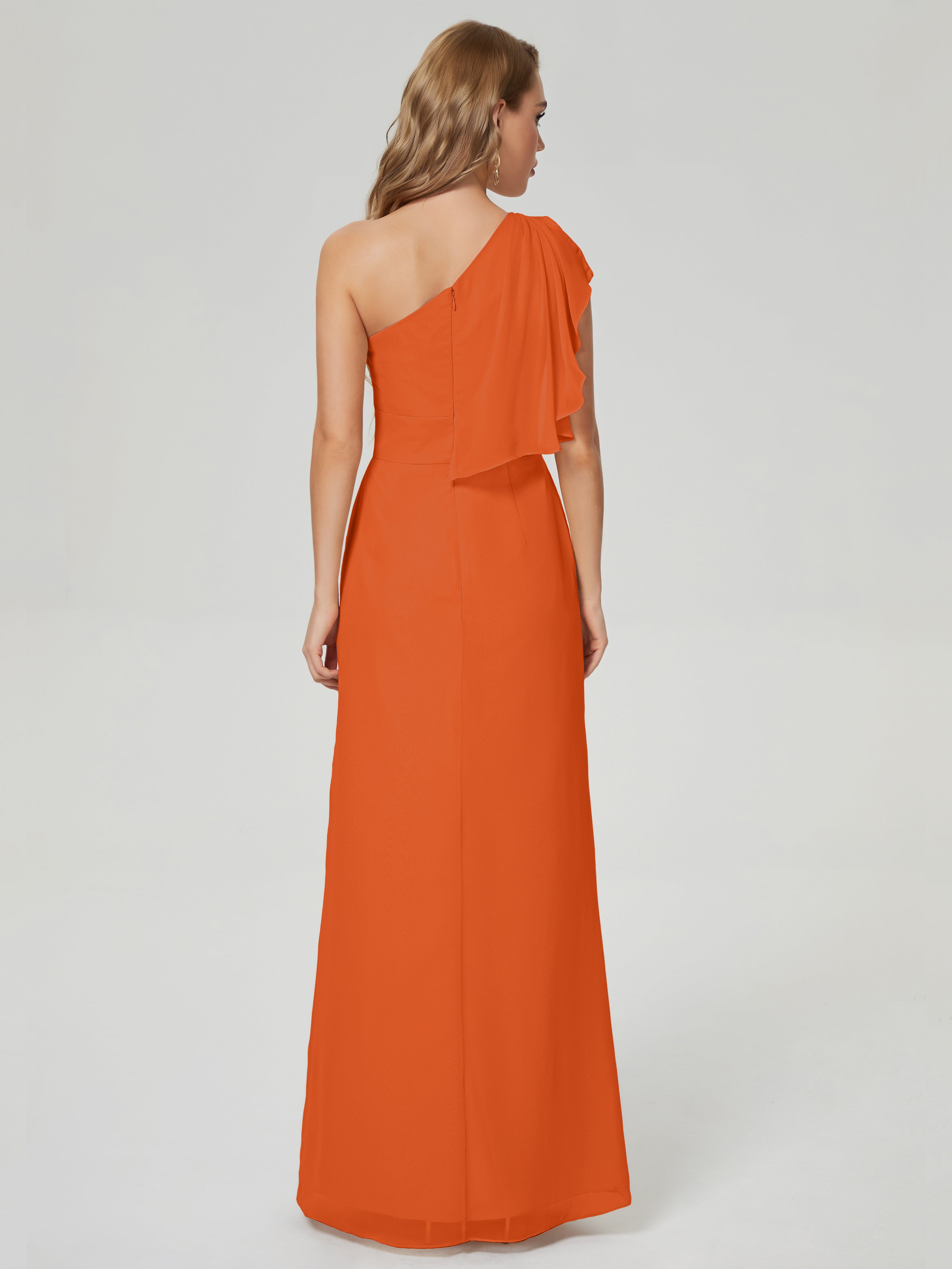 Robes De Demoiselle D'Honneur Orange Brûlé Fendue Seule-Épaule Mousseline Robes Demoiselle D'Honneur À Volants